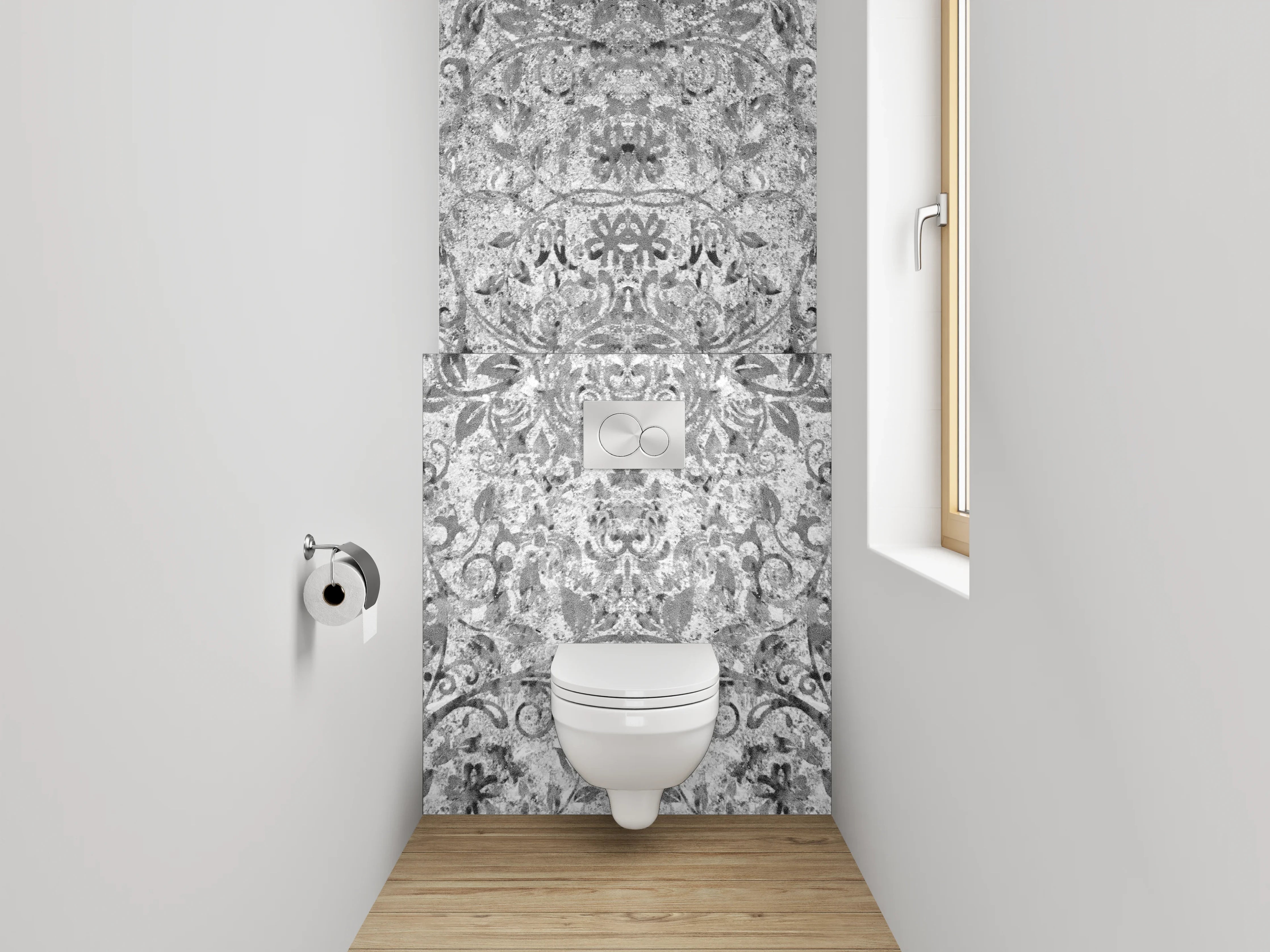 WC-Rückwand - Barock Ornamente Schwarz-Weiß