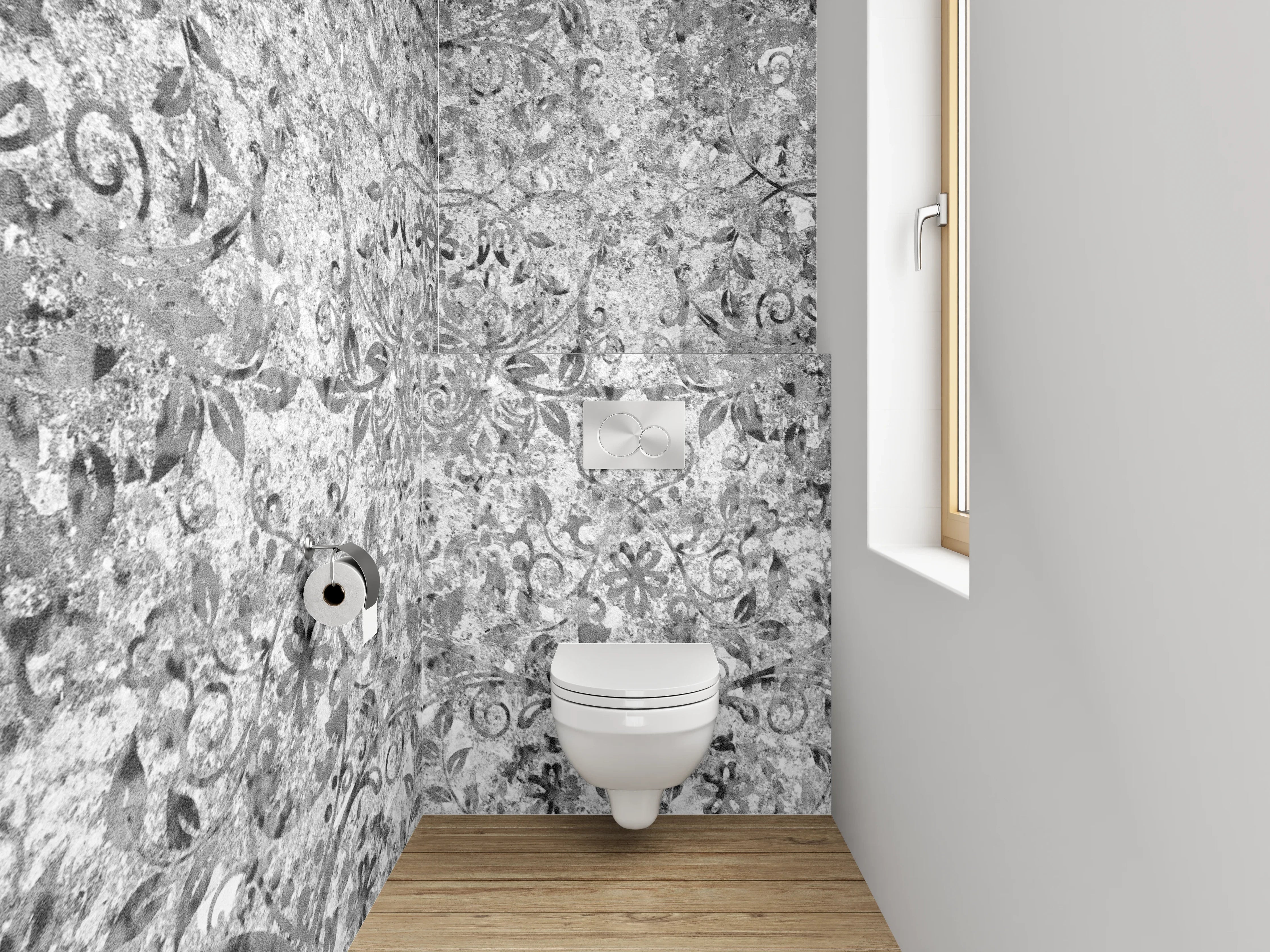 WC-Rückwand - Barock Ornamente Schwarz-Weiß
