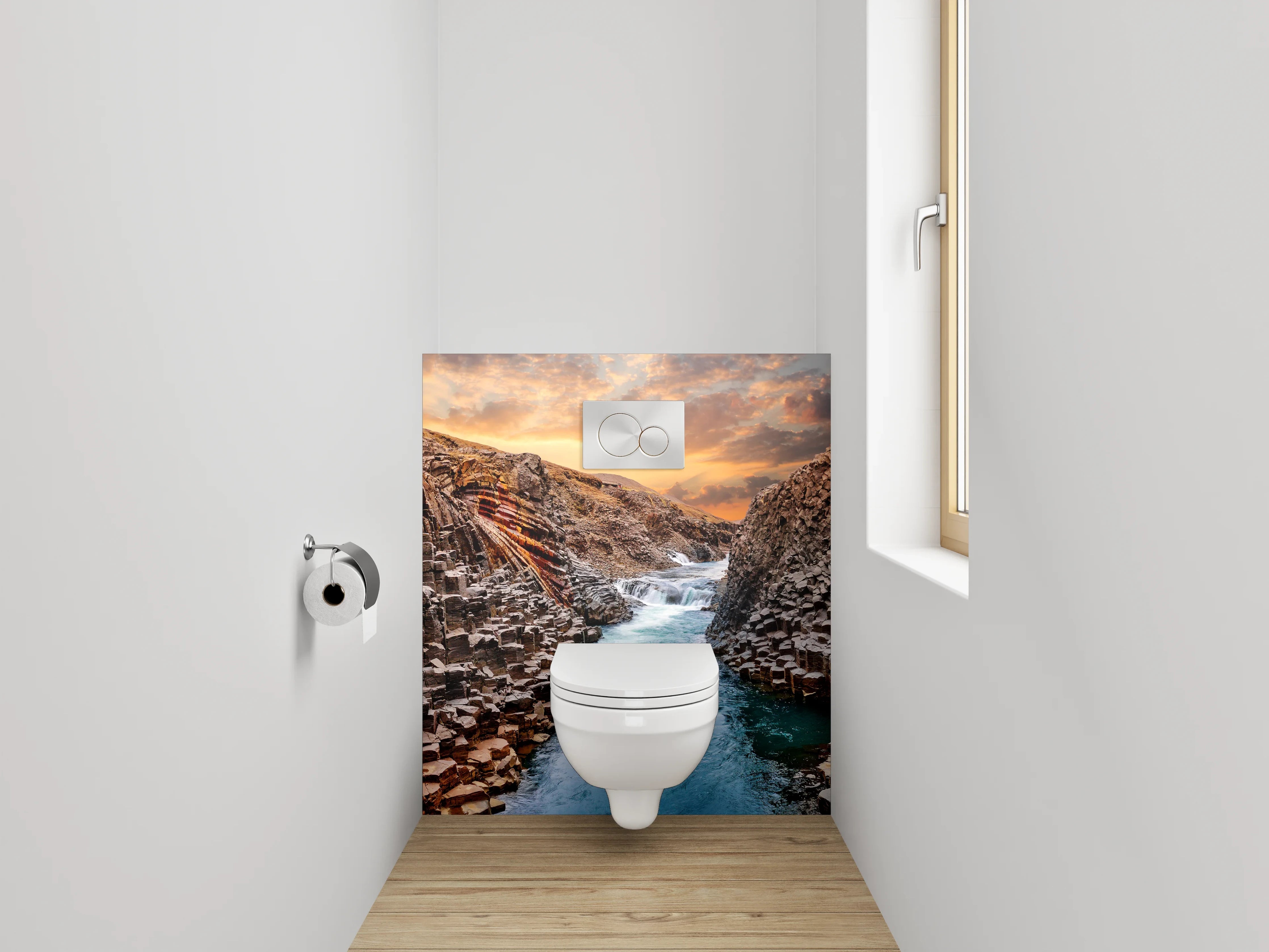 WC-Rückwand - Basalt-Schlucht mit Flusslandschaft