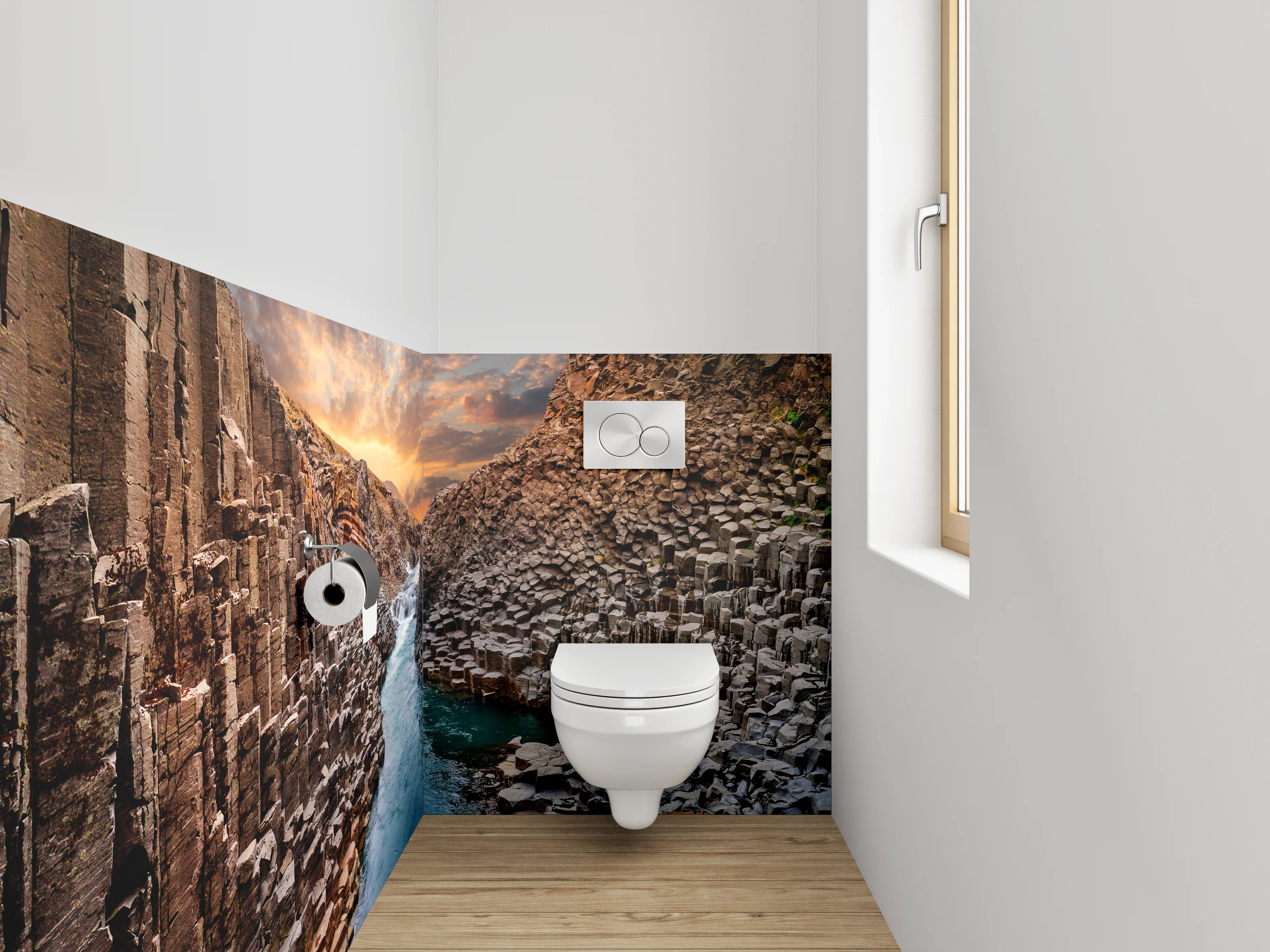 WC-Rückwand - Basalt-Schlucht mit Flusslandschaft