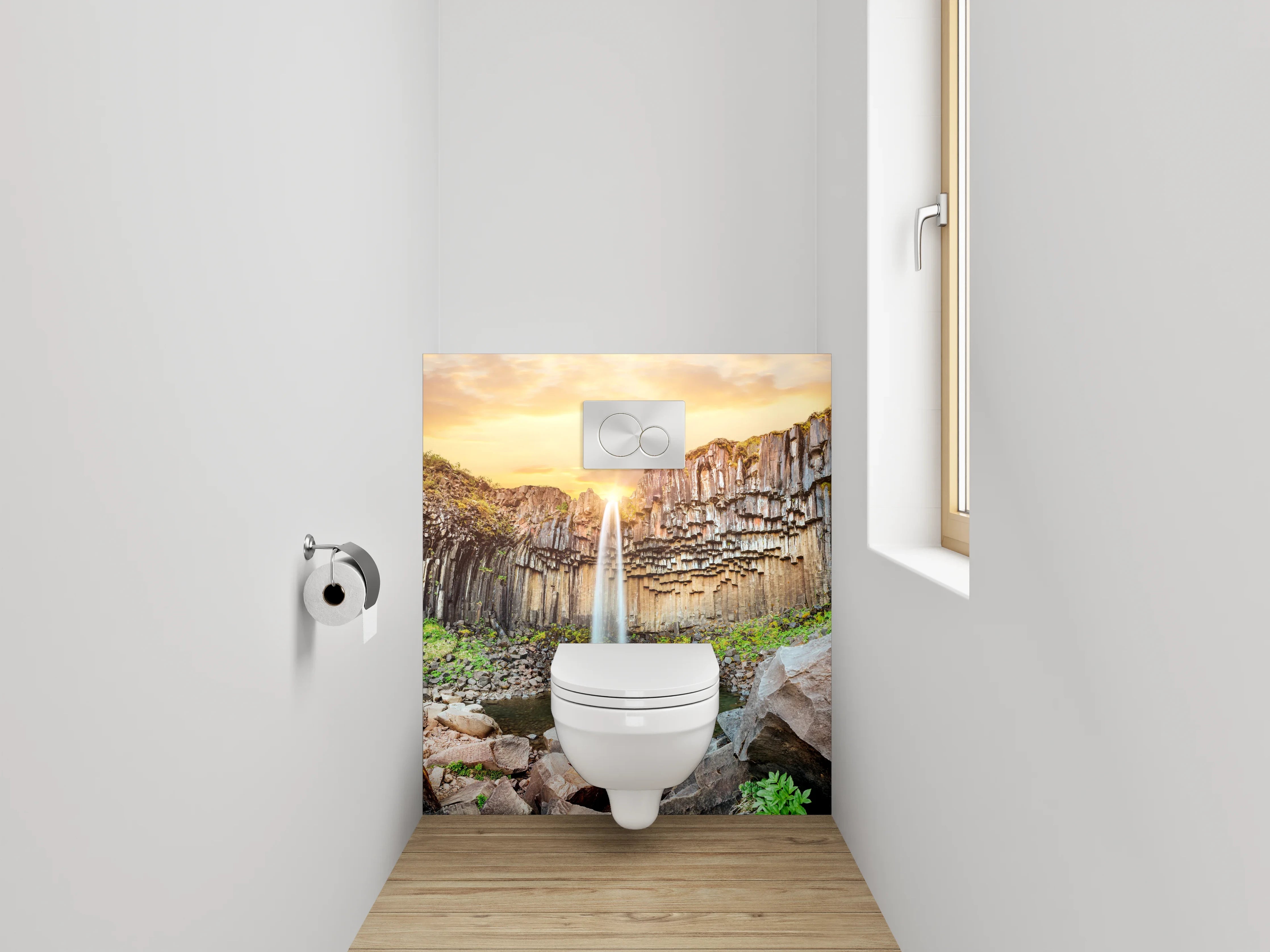 WC-Rückwand - Basalt-Wasserfall Sonnenuntergang Naturmotiv
