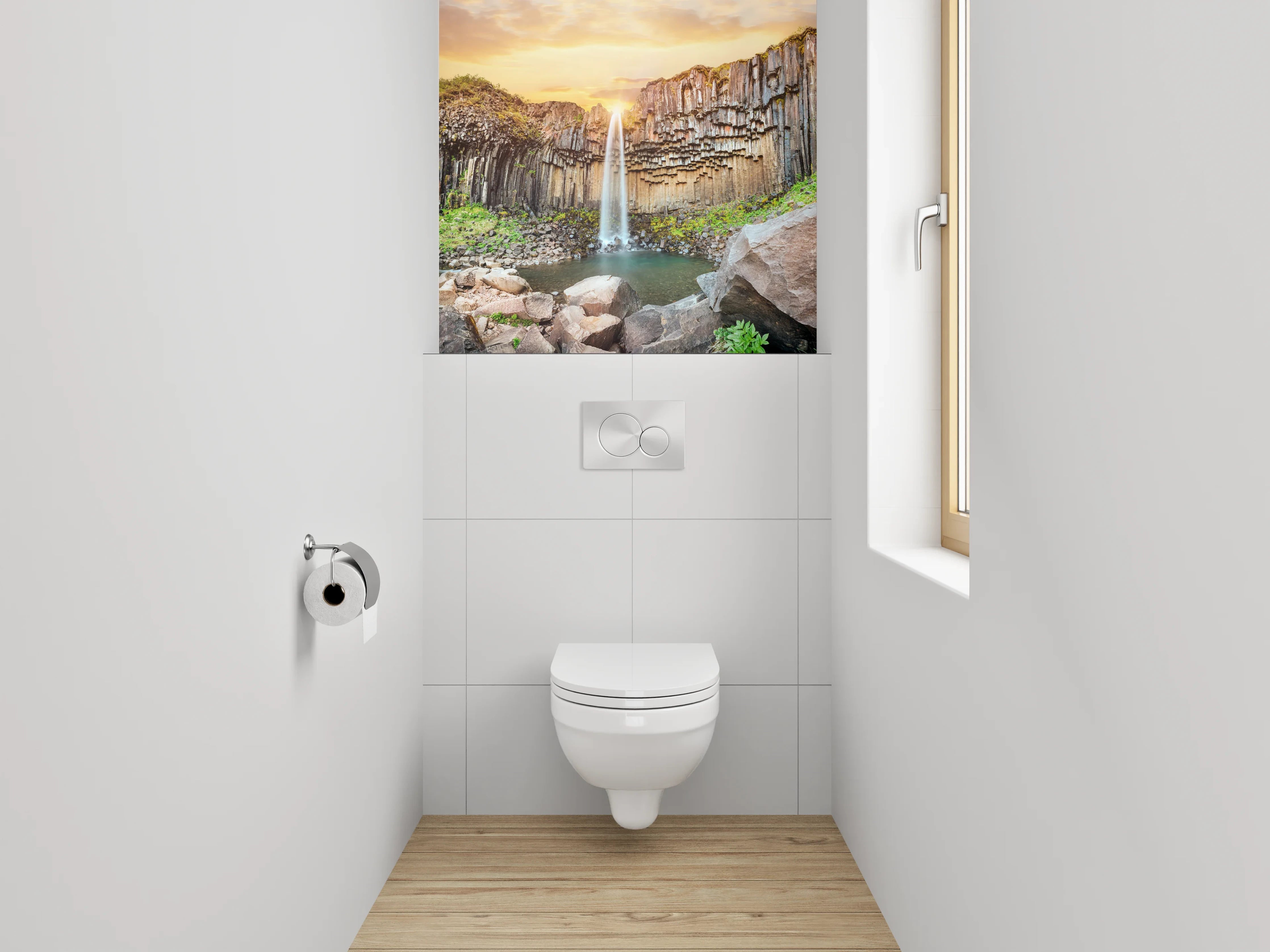 WC-Rückwand - Basalt-Wasserfall Sonnenuntergang Naturmotiv