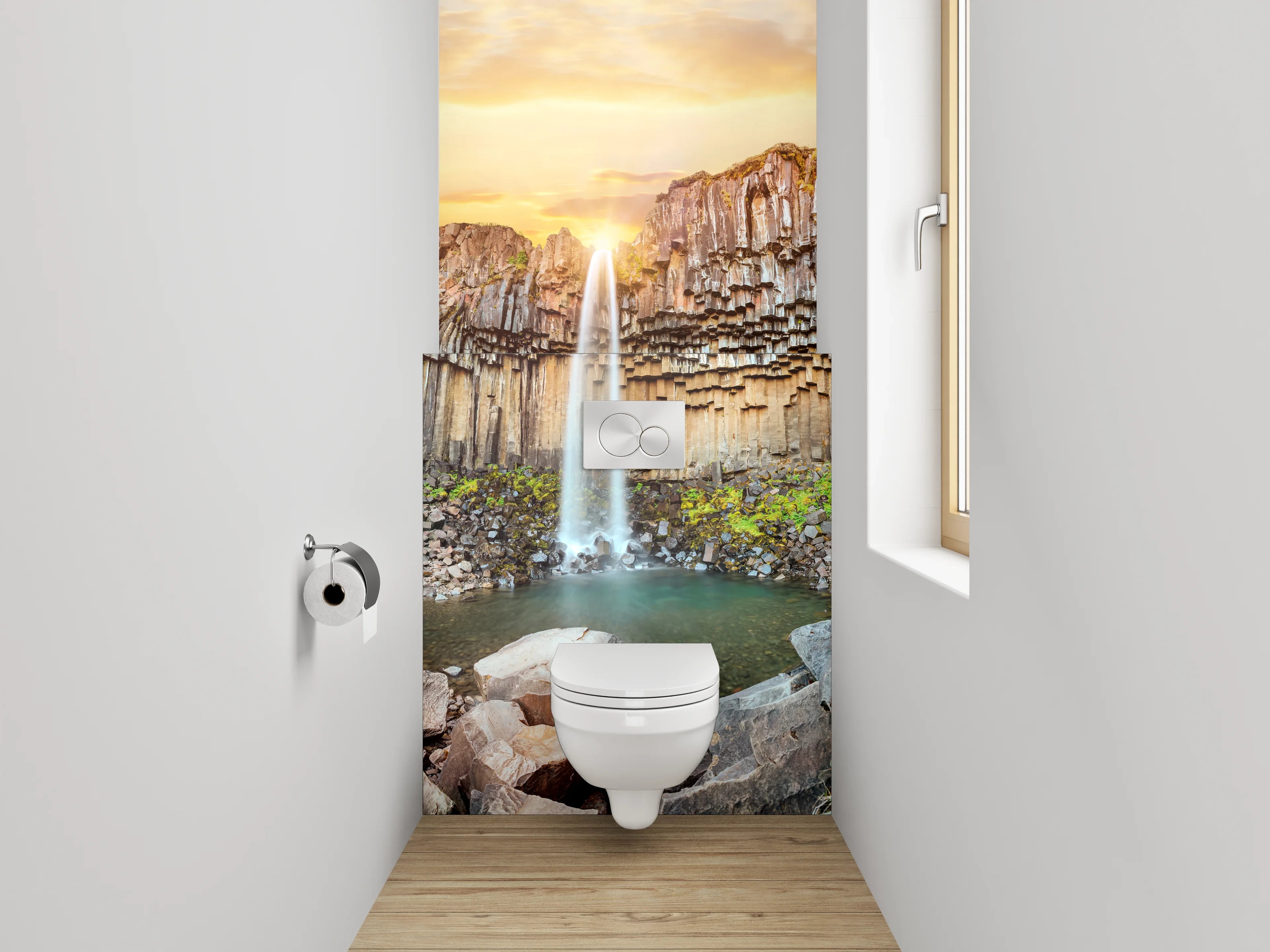 WC-Rückwand - Basalt-Wasserfall Sonnenuntergang Naturmotiv