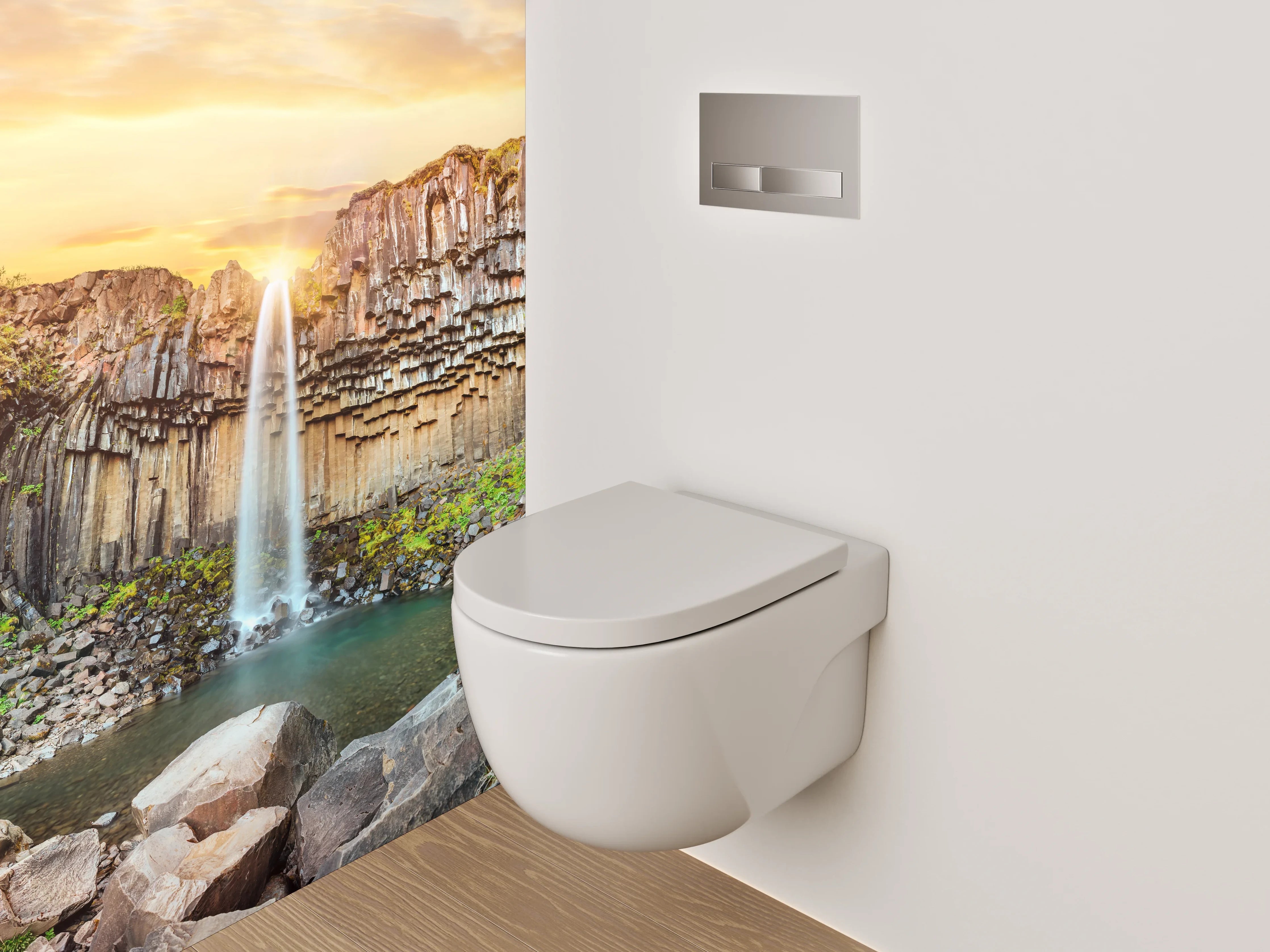 WC-Rückwand - Basalt-Wasserfall Sonnenuntergang Naturmotiv