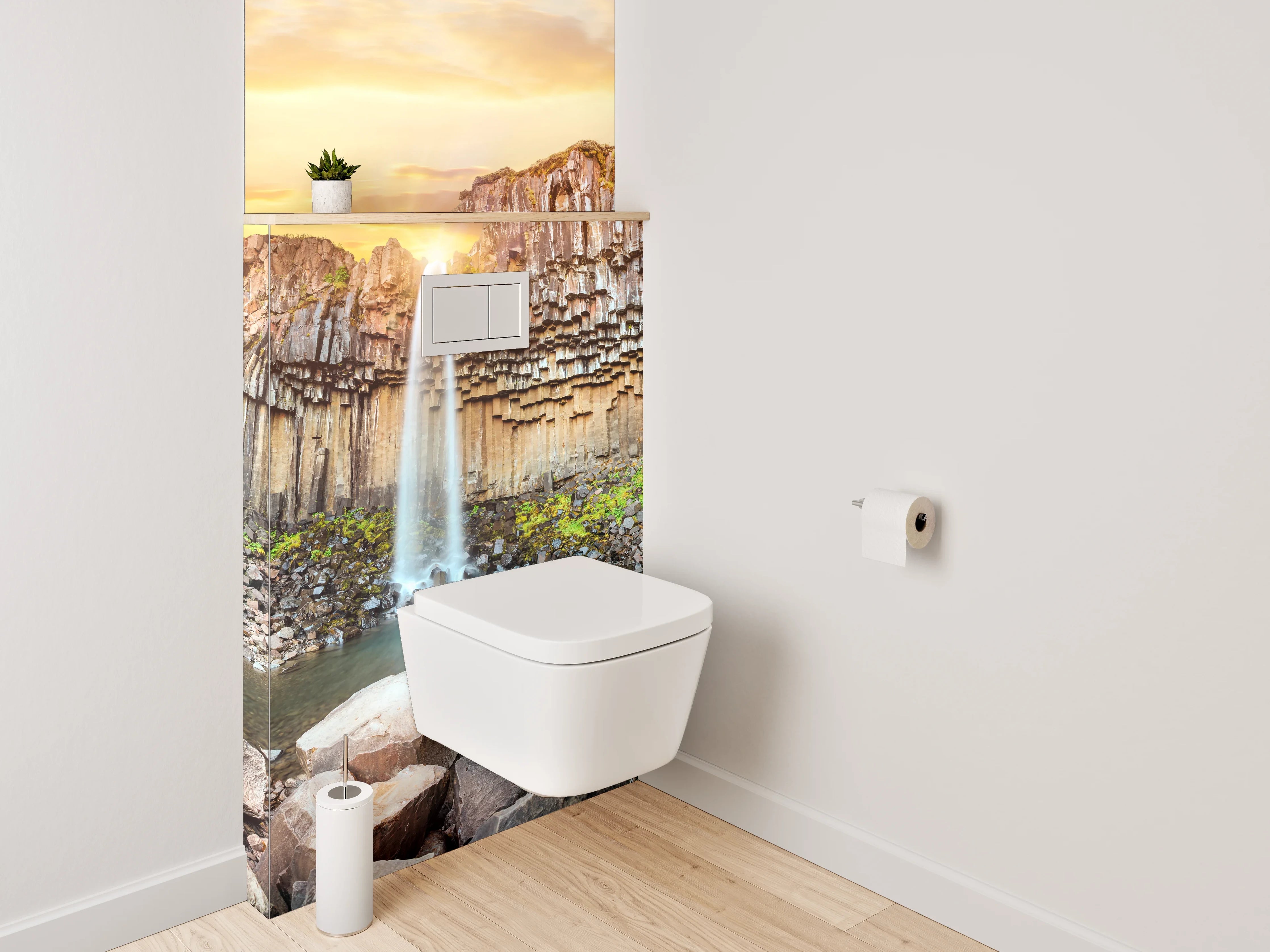 WC-Rückwand - Basalt-Wasserfall Sonnenuntergang Naturmotiv
