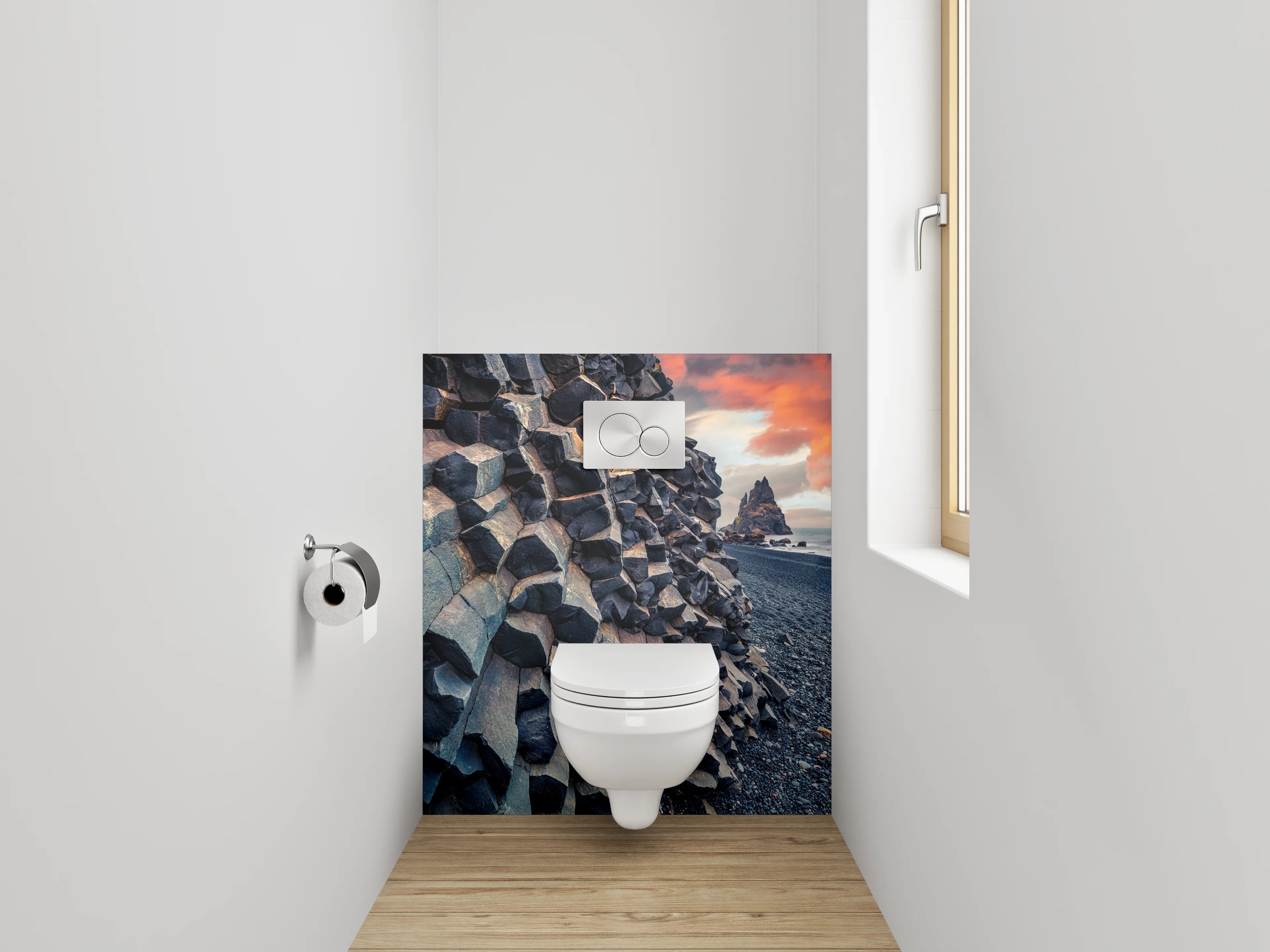 WC-Rückwand - Basaltfelsen am schwarzen Strand Sonnenuntergang