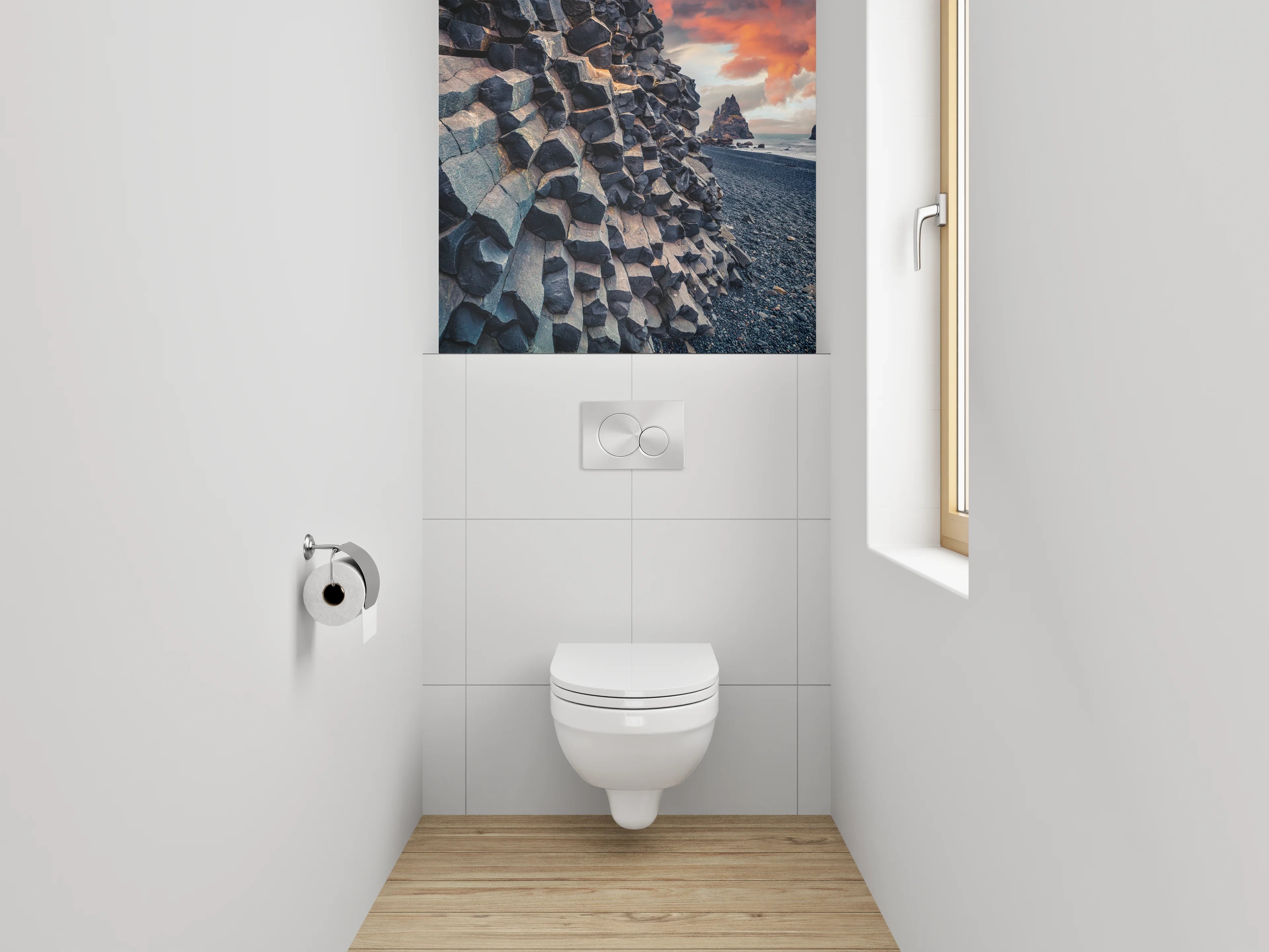 WC-Rückwand - Basaltfelsen am schwarzen Strand Sonnenuntergang