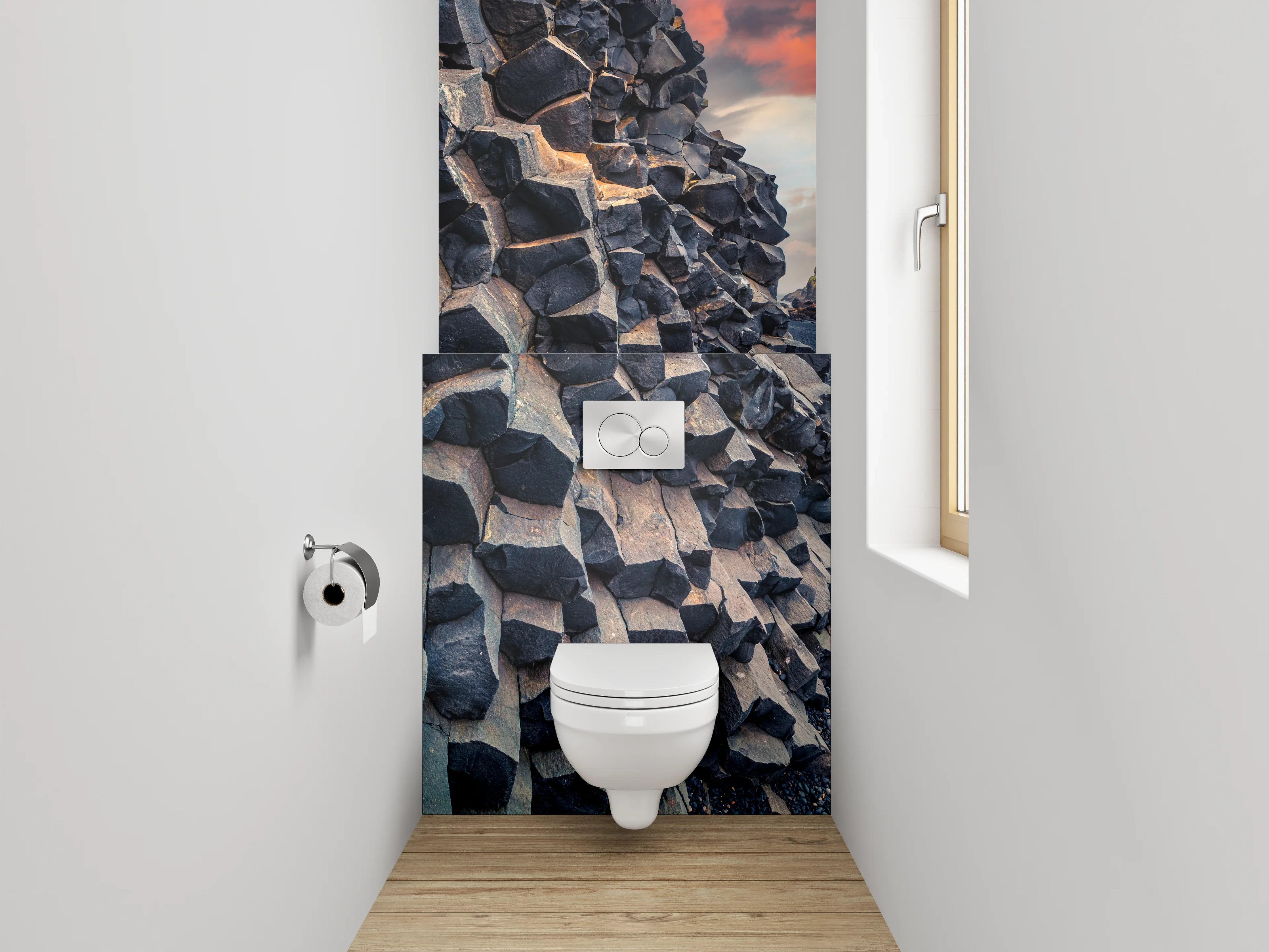 WC-Rückwand - Basaltfelsen am schwarzen Strand Sonnenuntergang