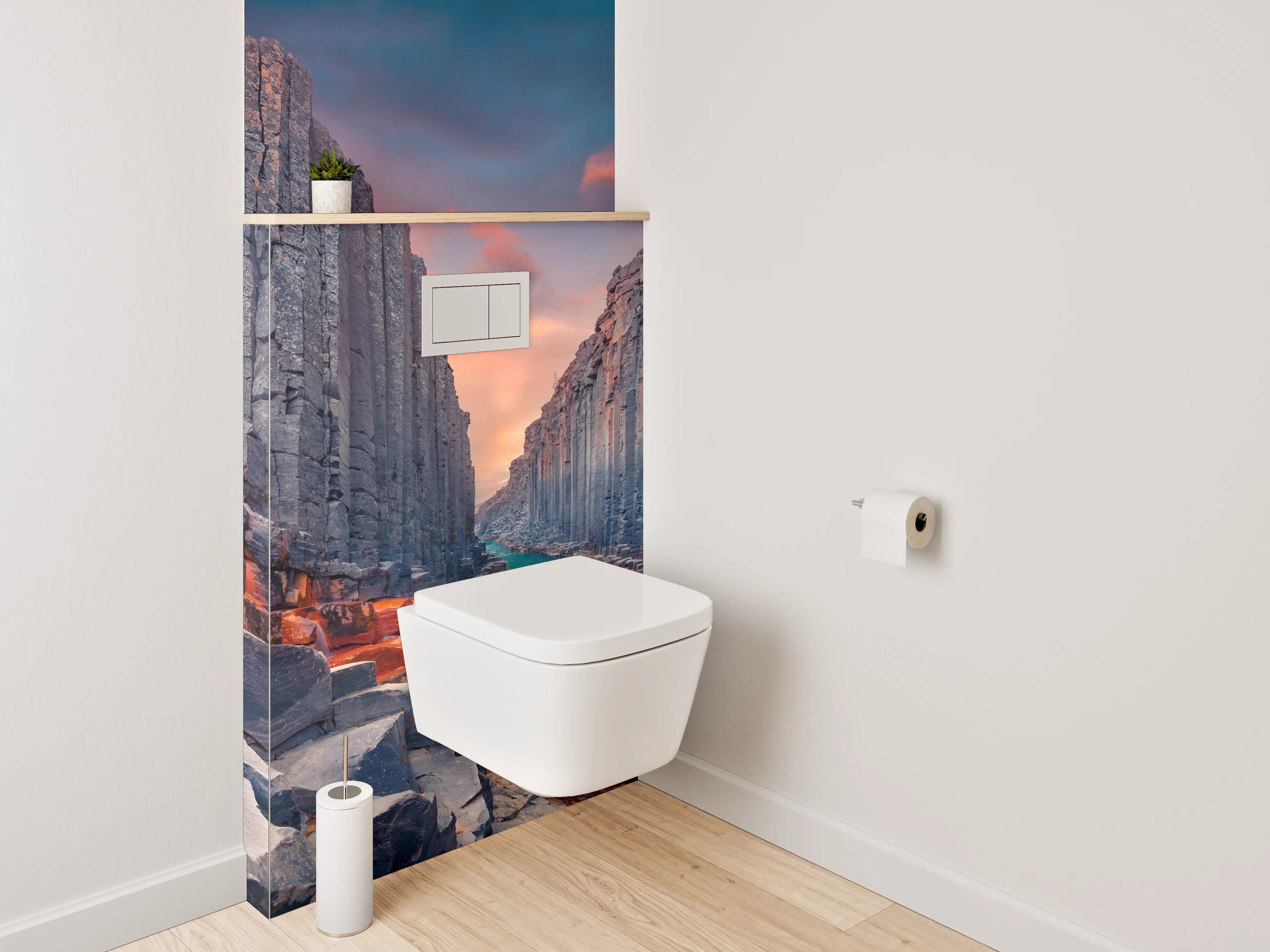 WC-Rückwand - Basaltklippen am Fluss – Sonnenuntergang