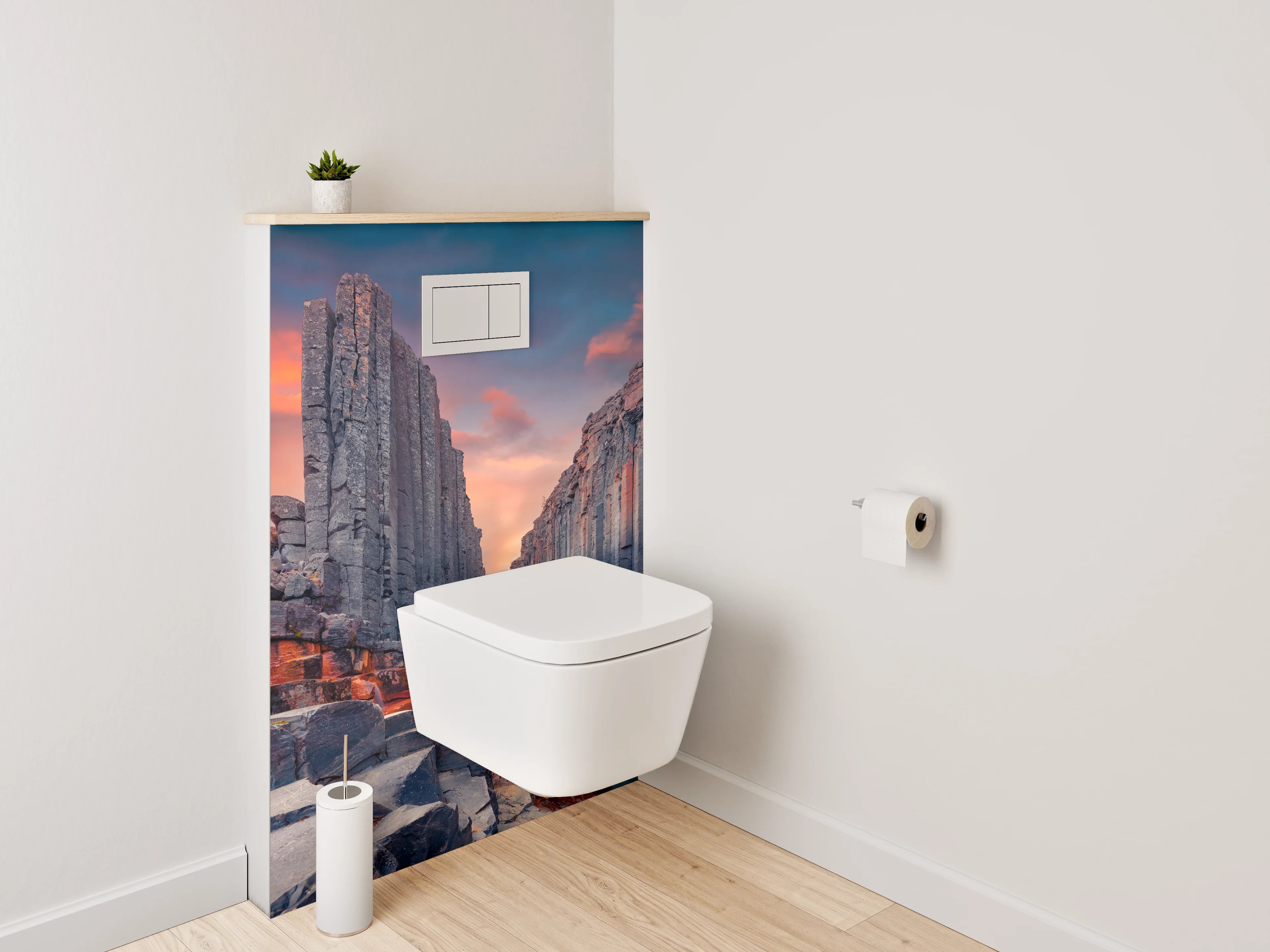 WC-Rückwand - Basaltklippen am Fluss – Sonnenuntergang
