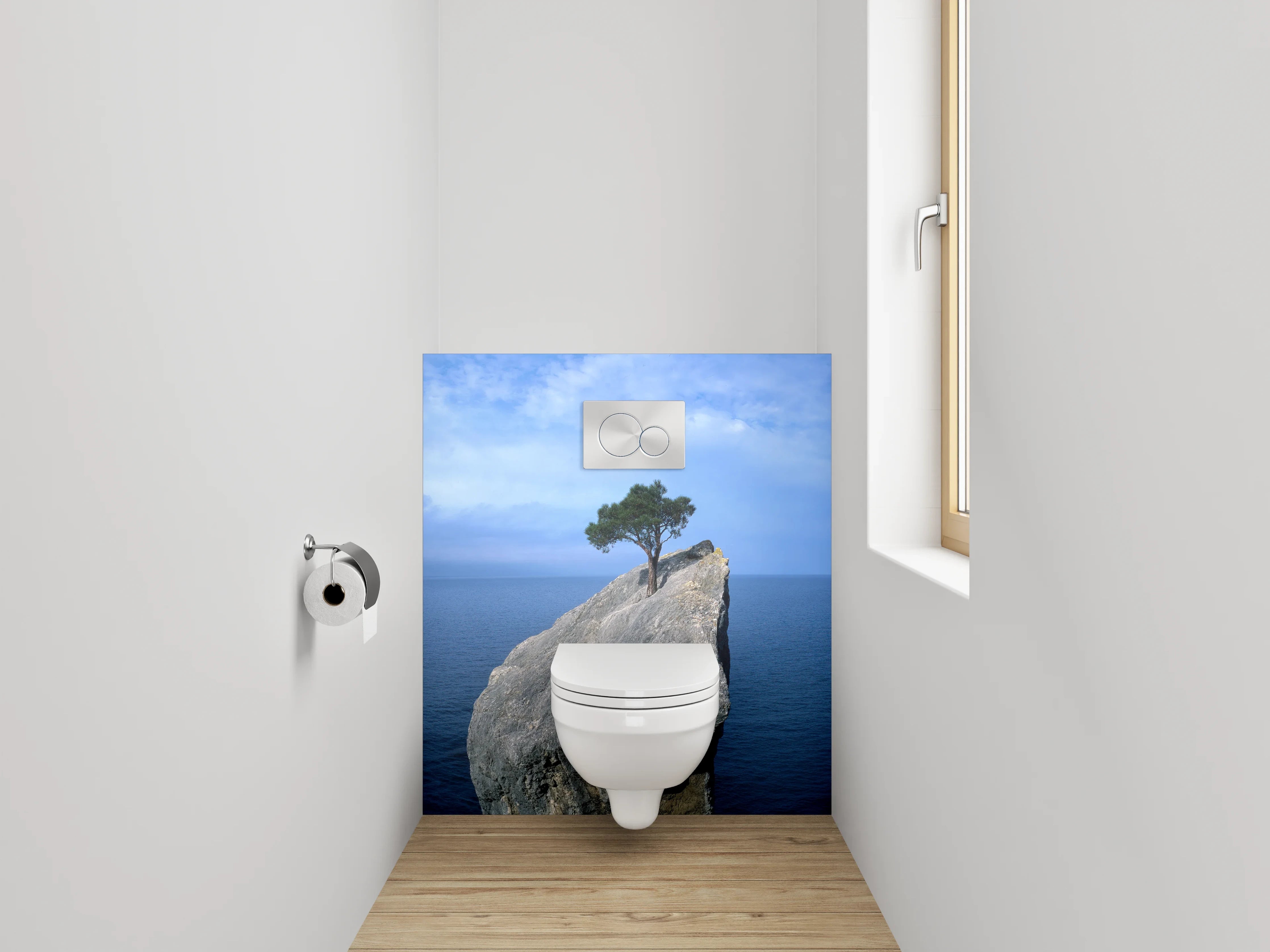 WC-Rückwand - Baum auf Felsen im Meer