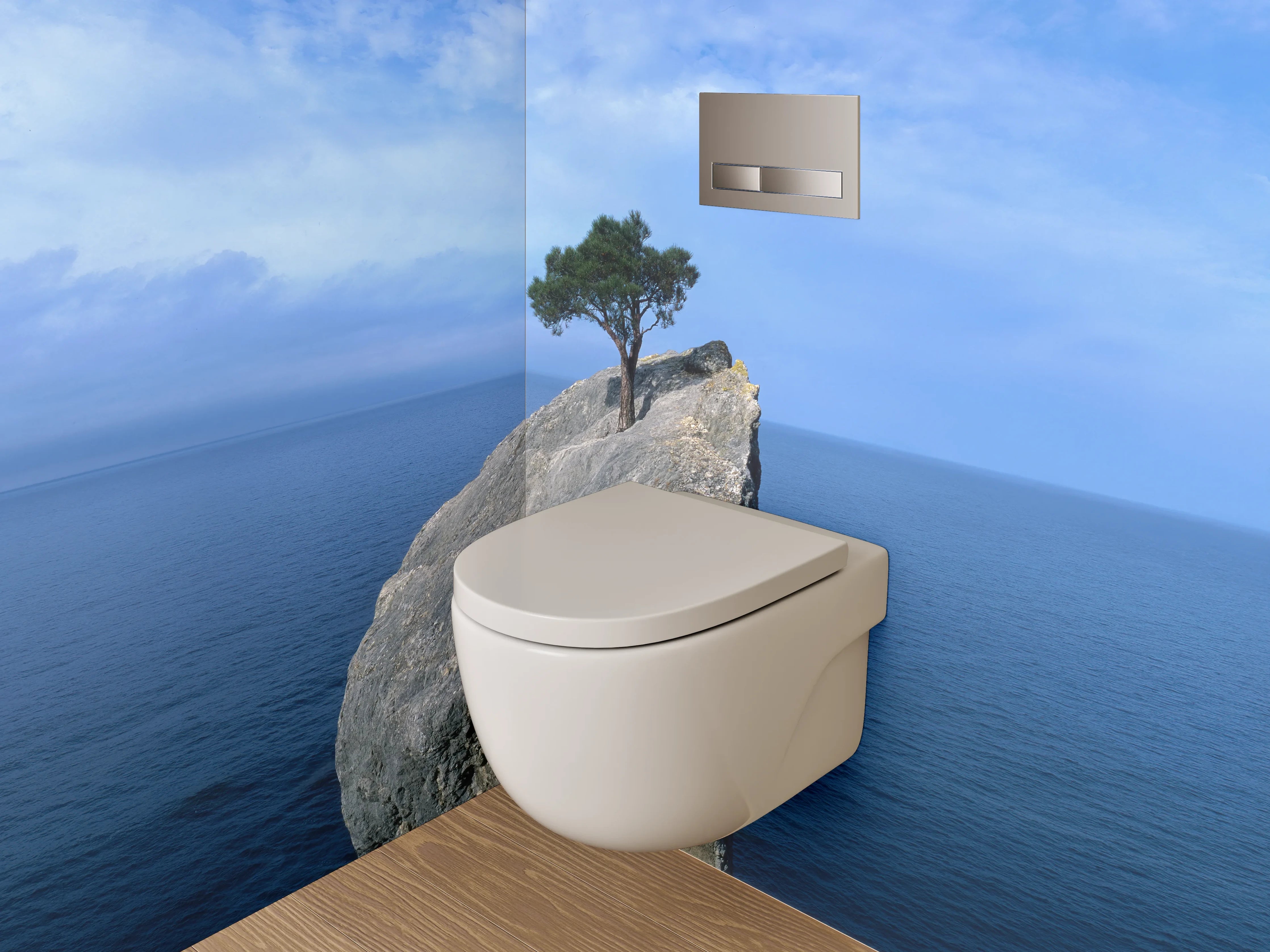 WC-Rückwand - Baum auf Felsen im Meer