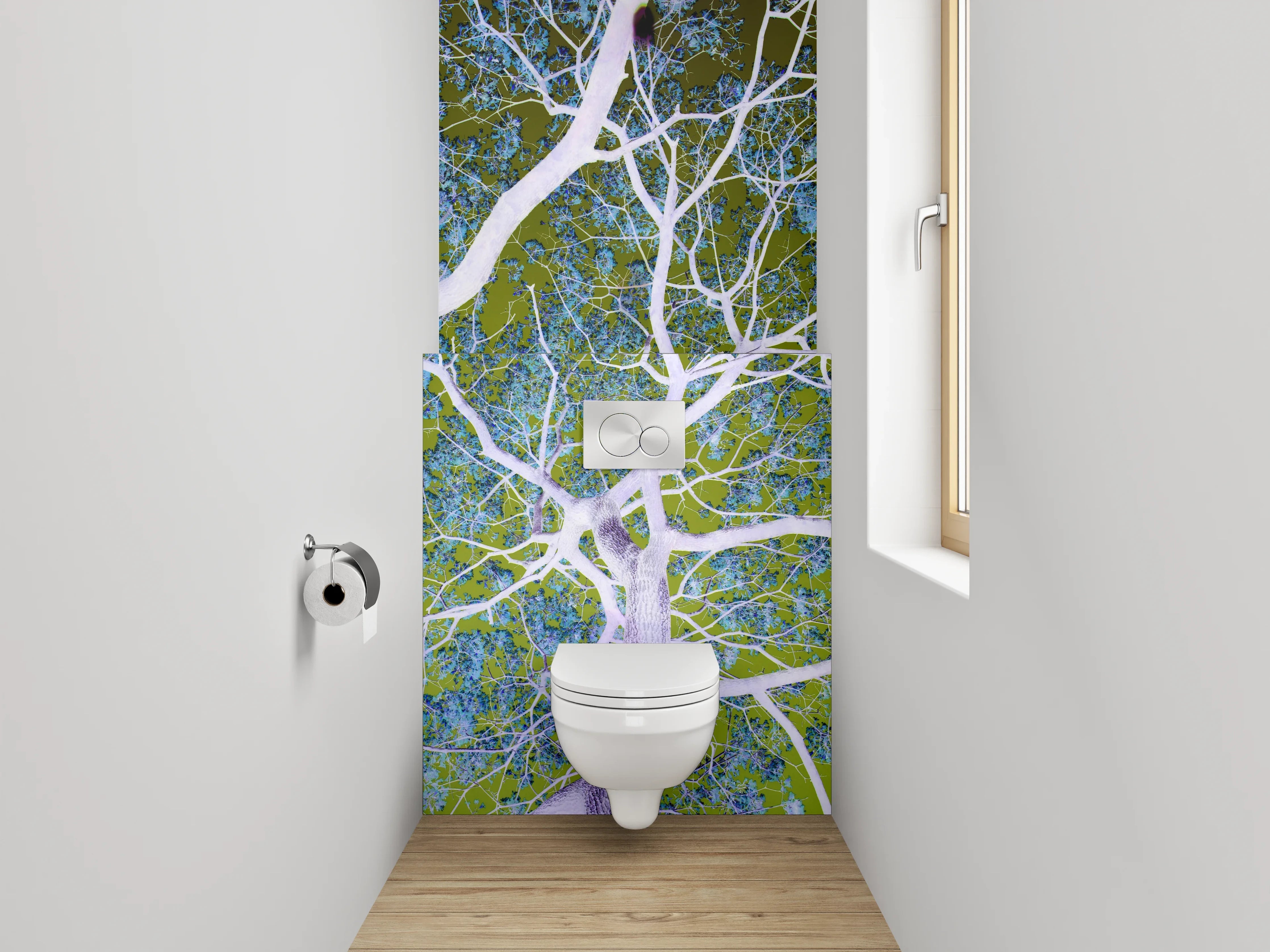 WC-Rückwand - Baumkrone Abstrakt Grün Violett