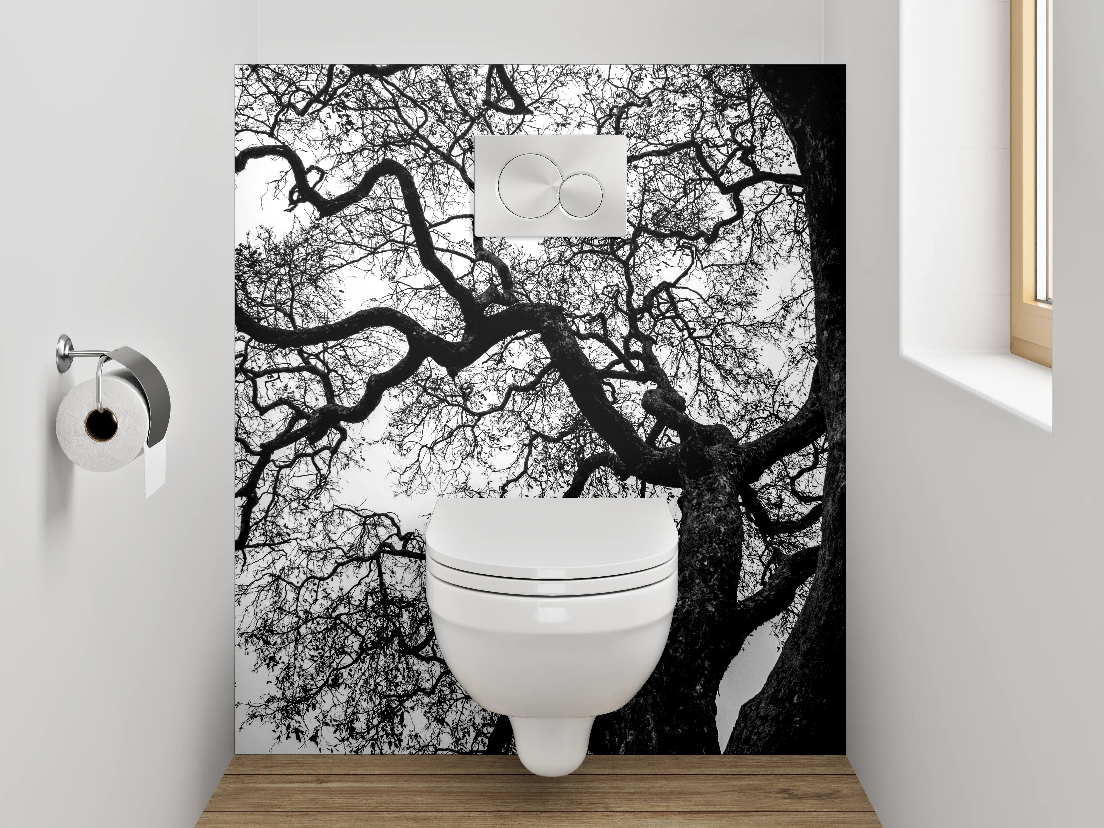 WC-Rückwand - Baumkronen Silhouette Schwarz-Weiß Fotografie
