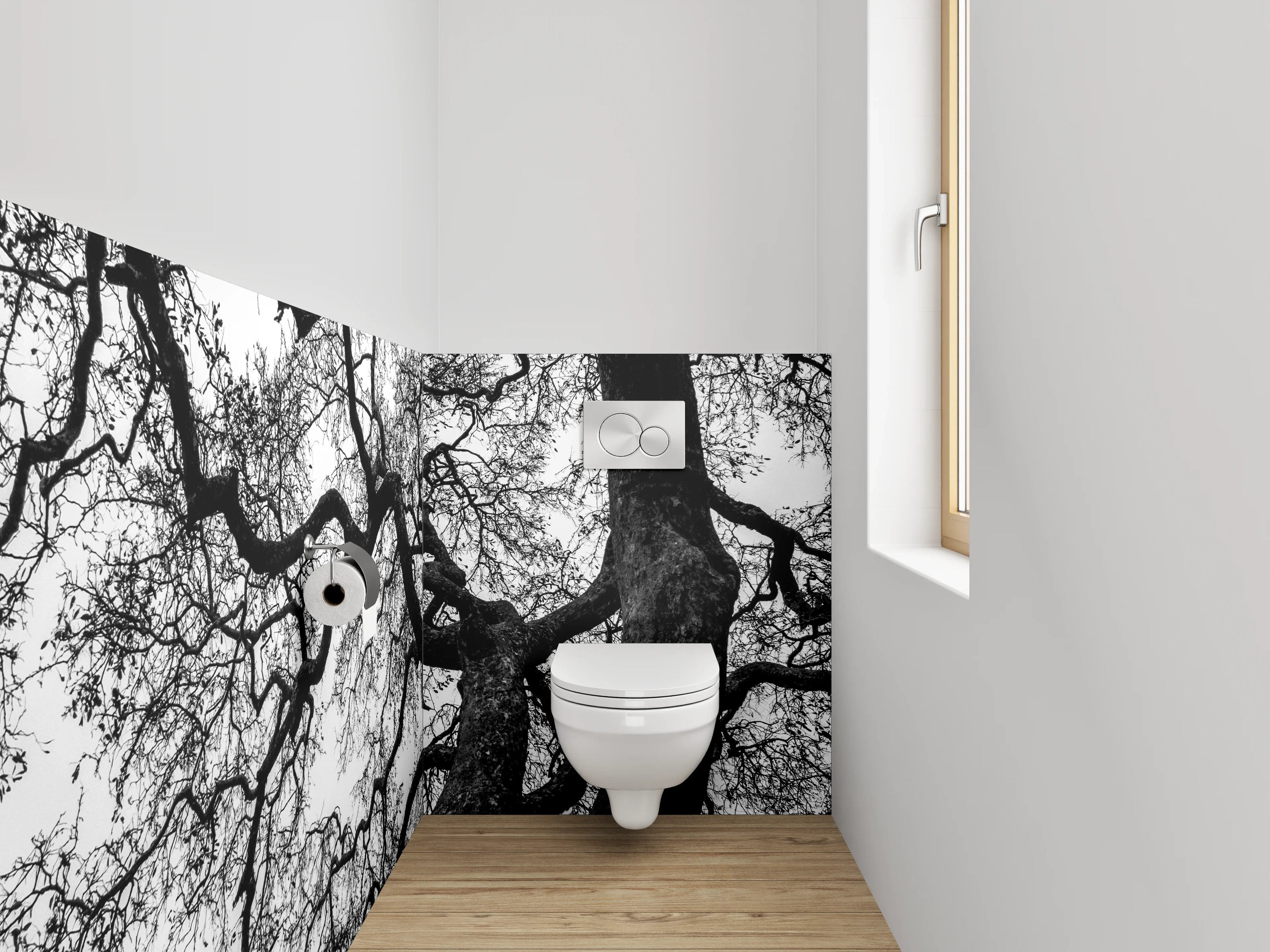WC-Rückwand - Baumkronen Silhouette Schwarz-Weiß Fotografie