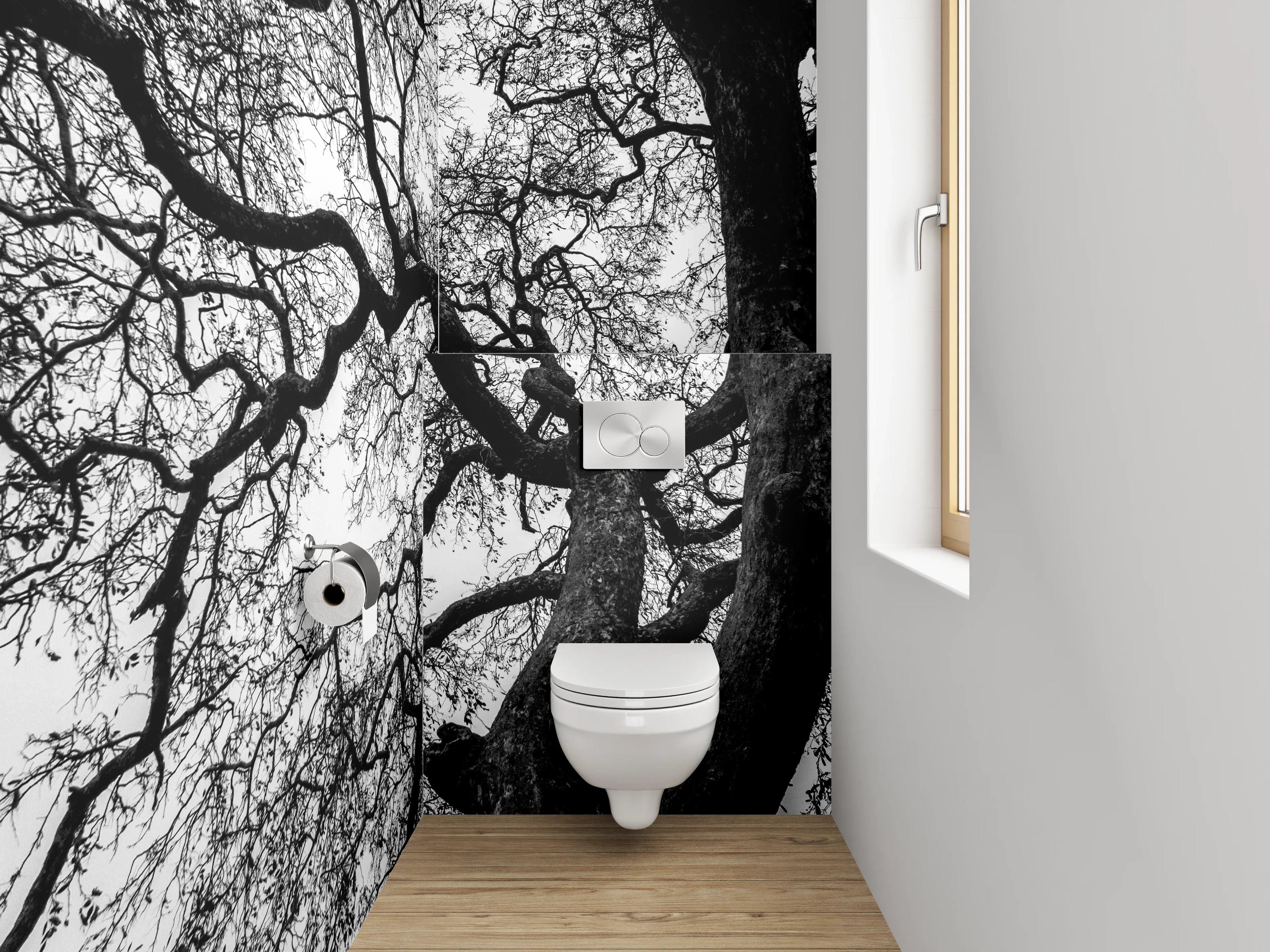 WC-Rückwand - Baumkronen Silhouette Schwarz-Weiß Fotografie