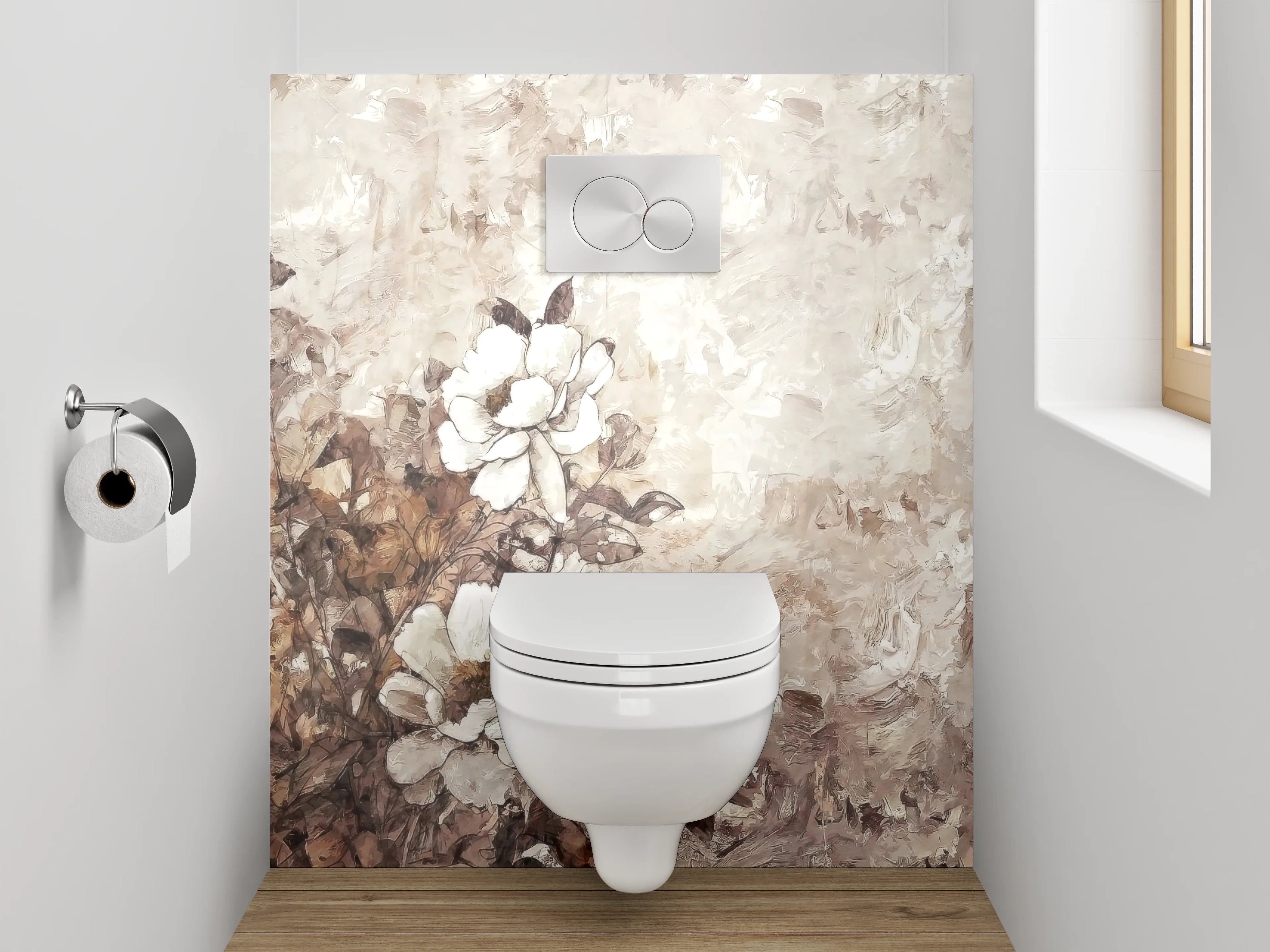 WC-Rückwand - Beige-weiße Blumen Aquarell Malerei