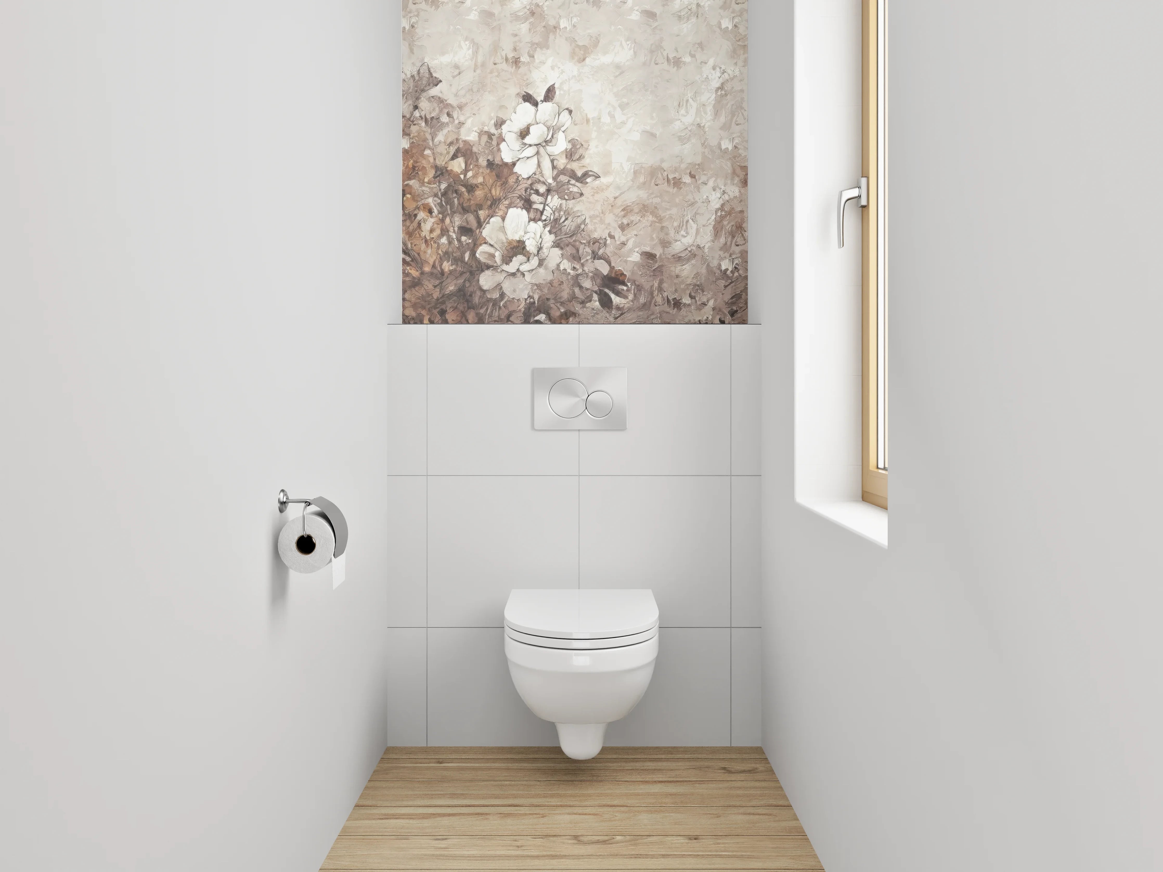 WC-Rückwand - Beige-weiße Blumen Aquarell Malerei