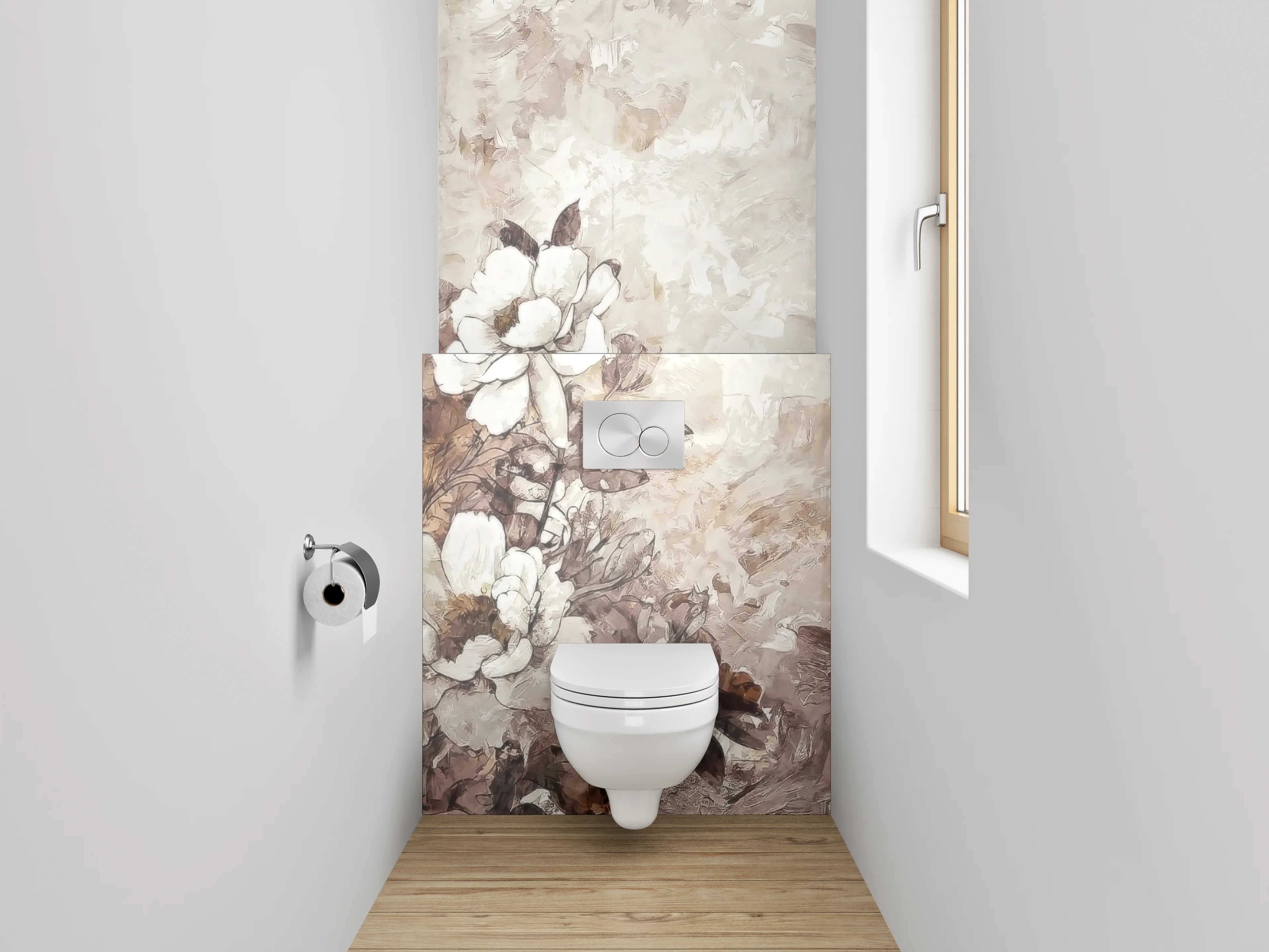 WC-Rückwand - Beige-weiße Blumen Aquarell Malerei