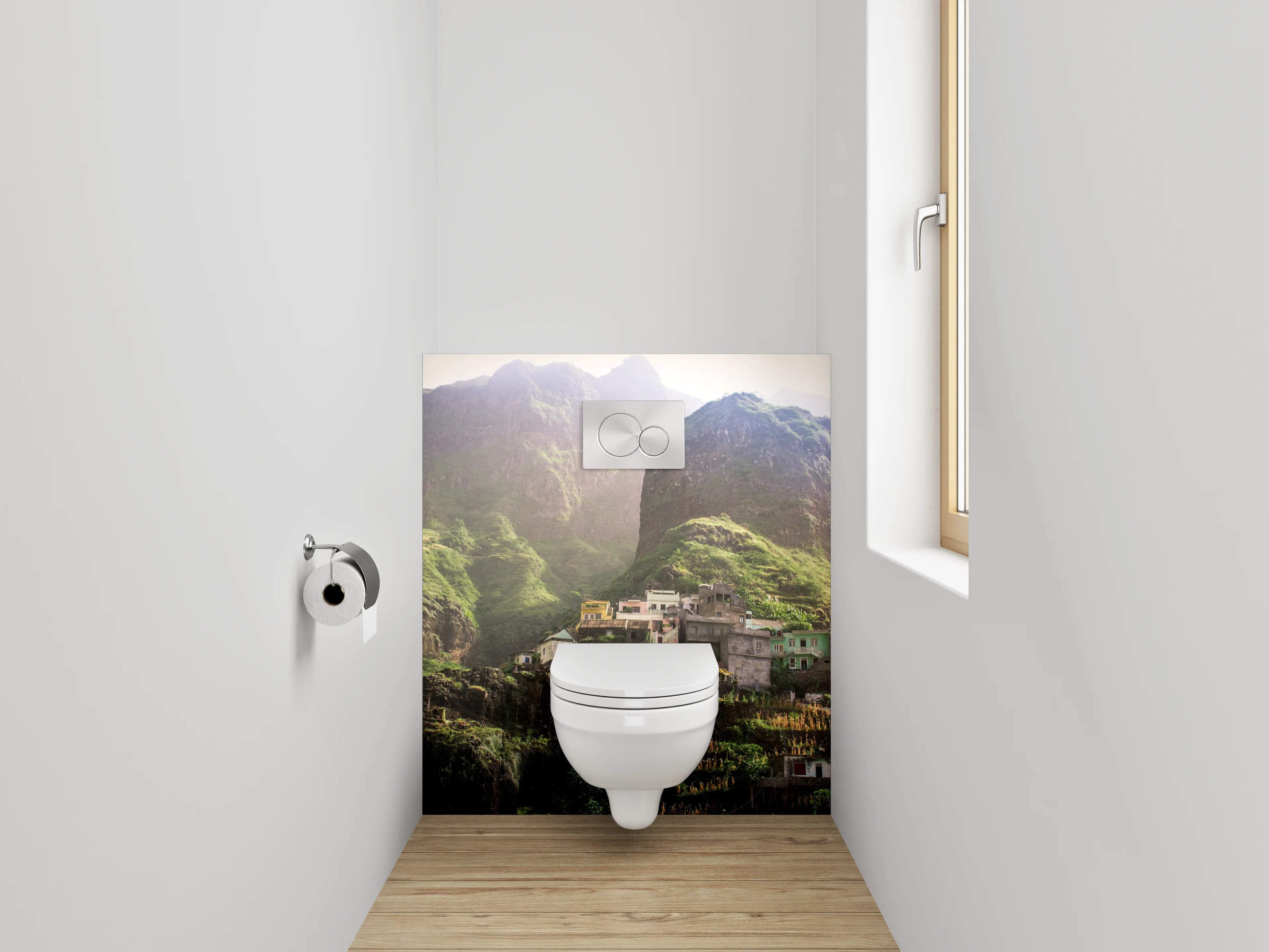 WC-Rückwand - Bergdorf-Oase in grüner Landschaft