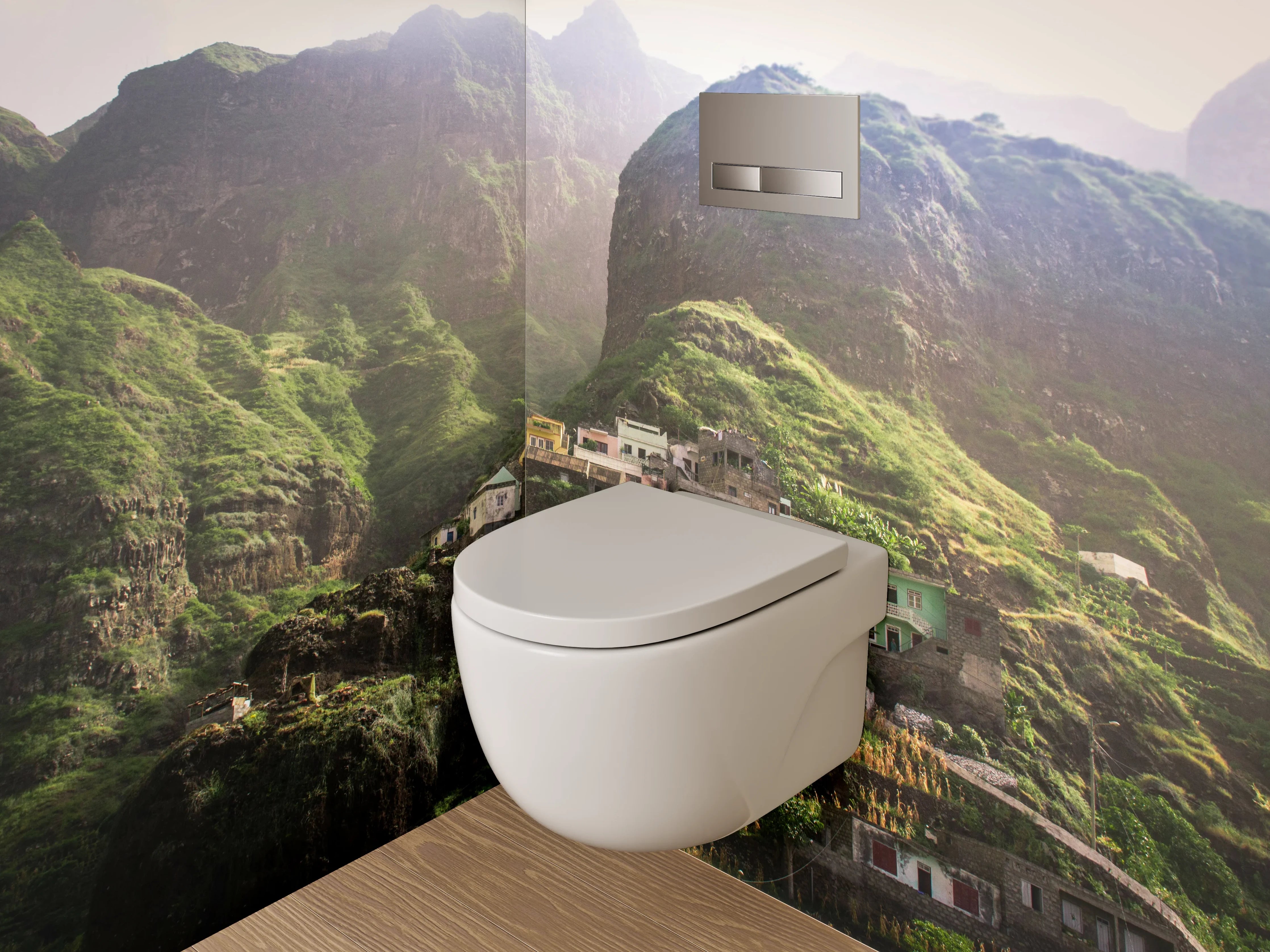 WC-Rückwand - Bergdorf-Oase in grüner Landschaft
