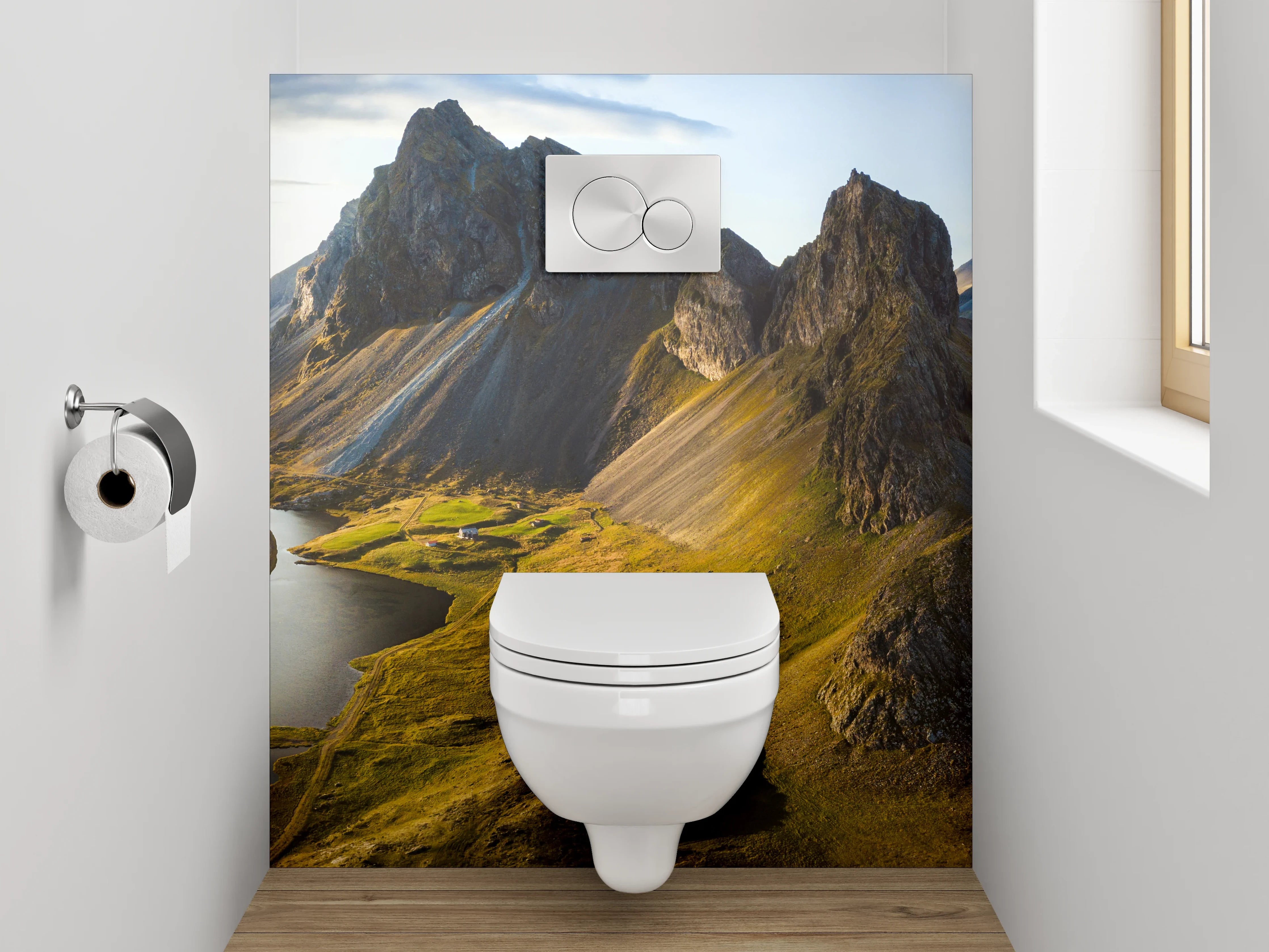 WC-Rückwand - Bergpanorama am Wasser – Island
