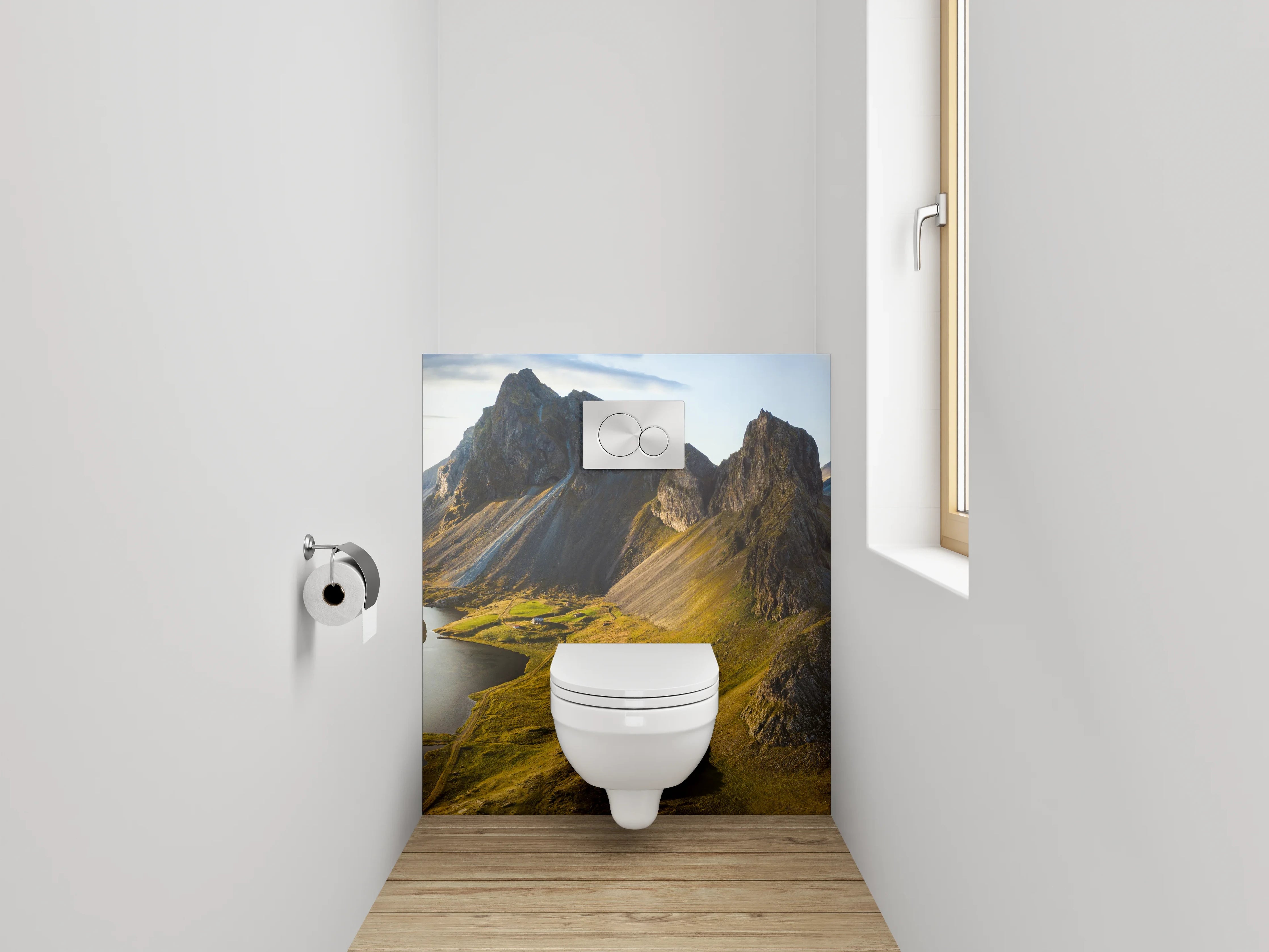 WC-Rückwand - Bergpanorama am Wasser – Island