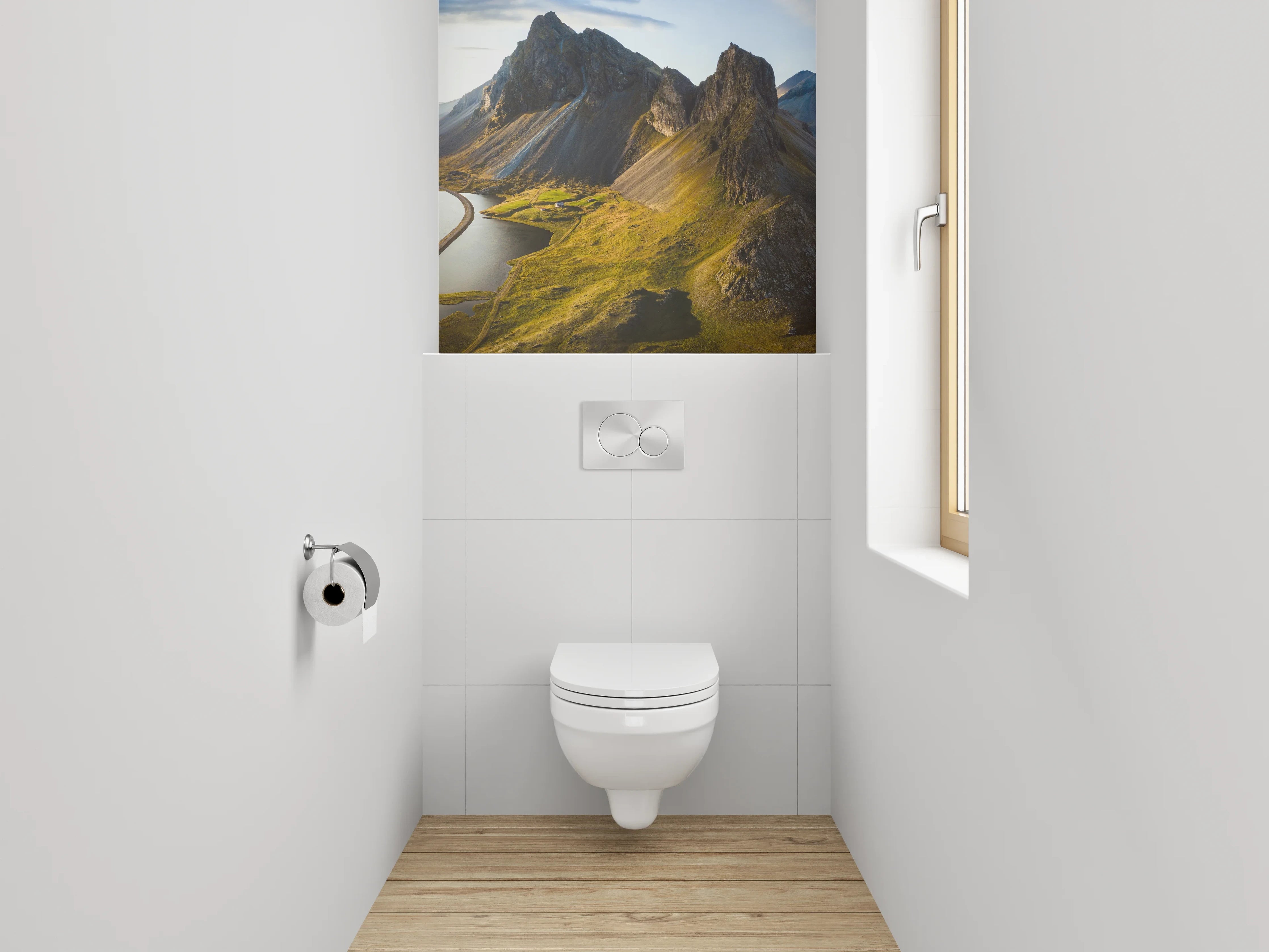 WC-Rückwand - Bergpanorama am Wasser – Island