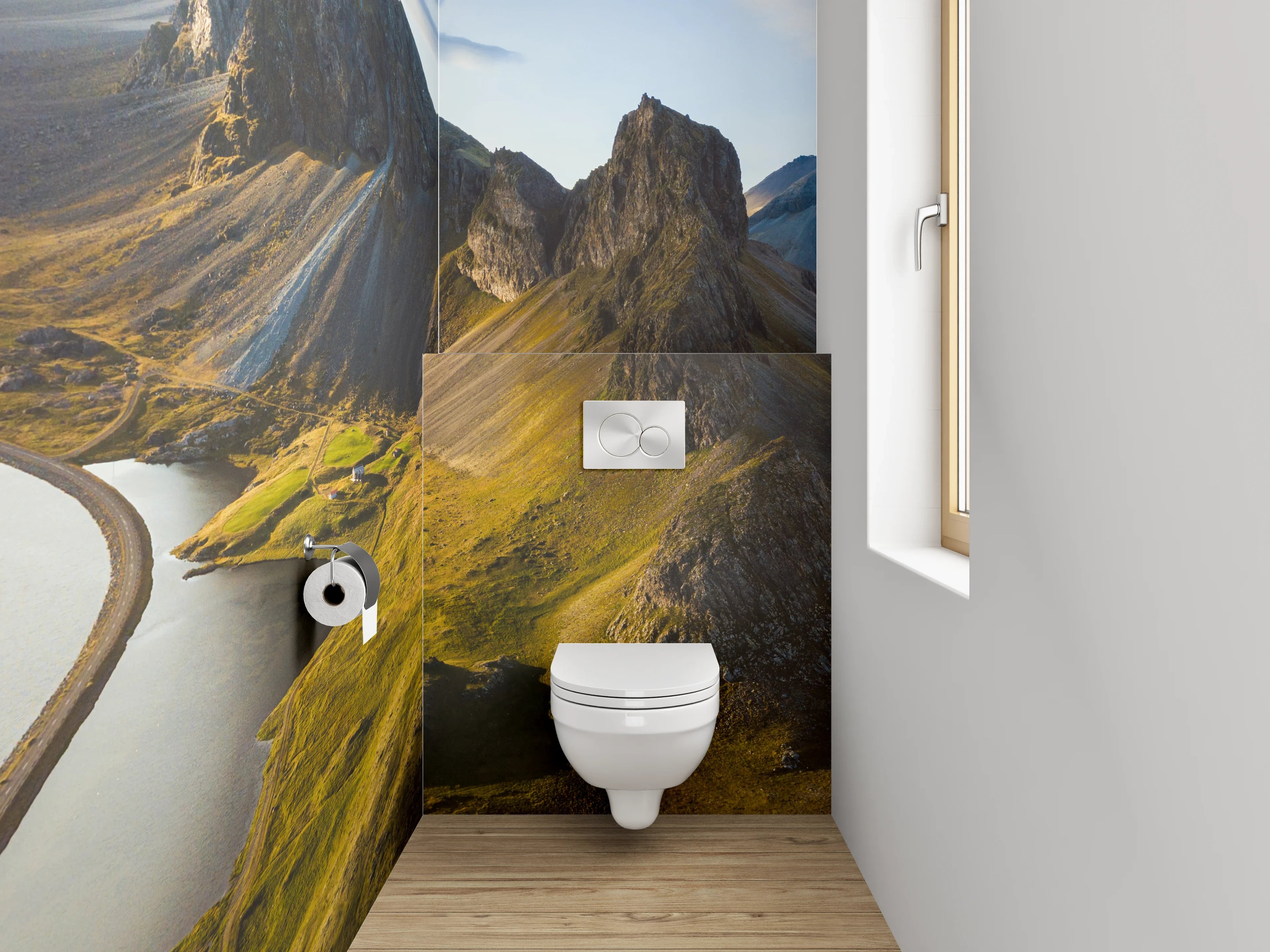 WC-Rückwand - Bergpanorama am Wasser – Island