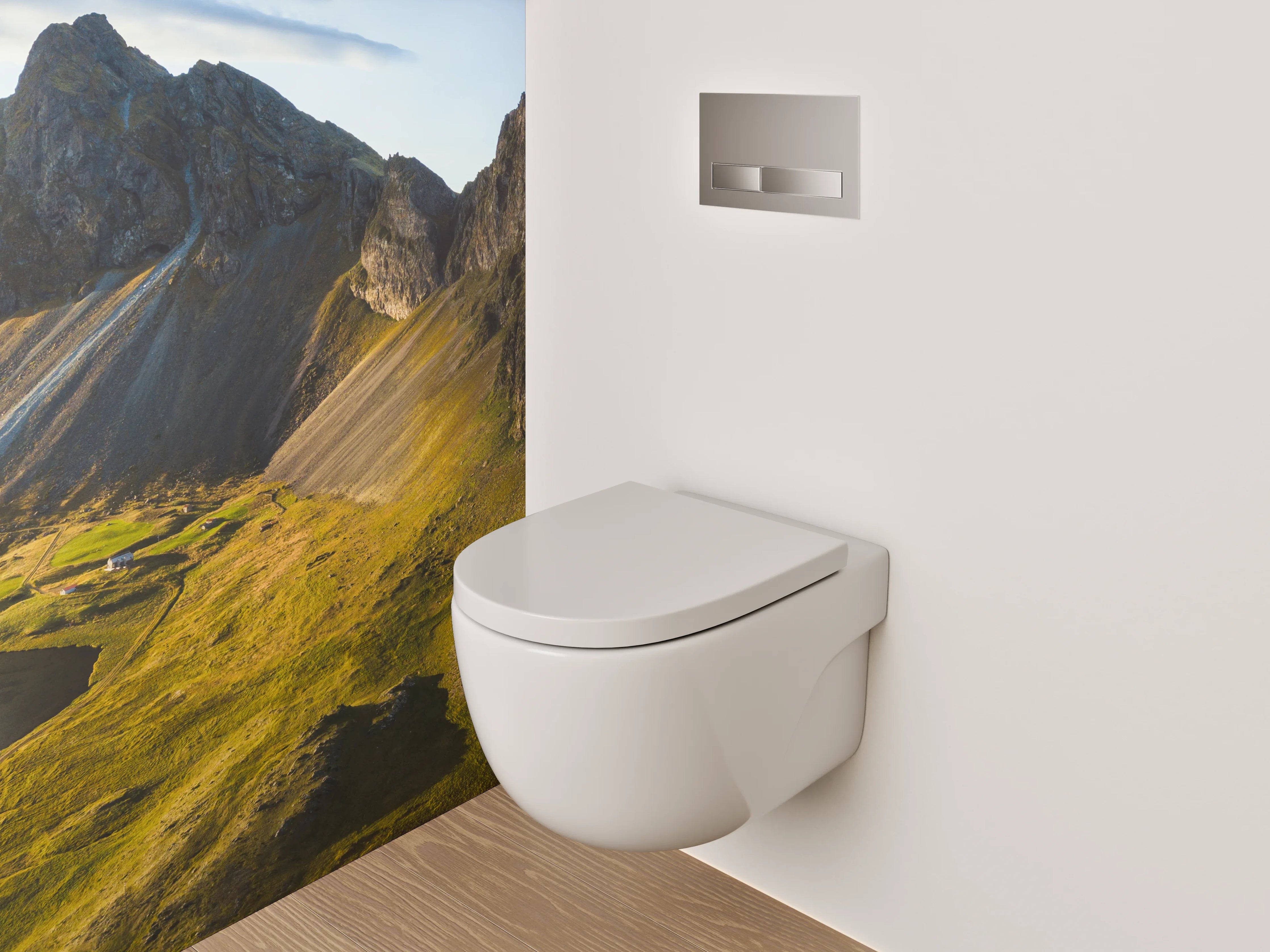 WC-Rückwand - Bergpanorama am Wasser – Island