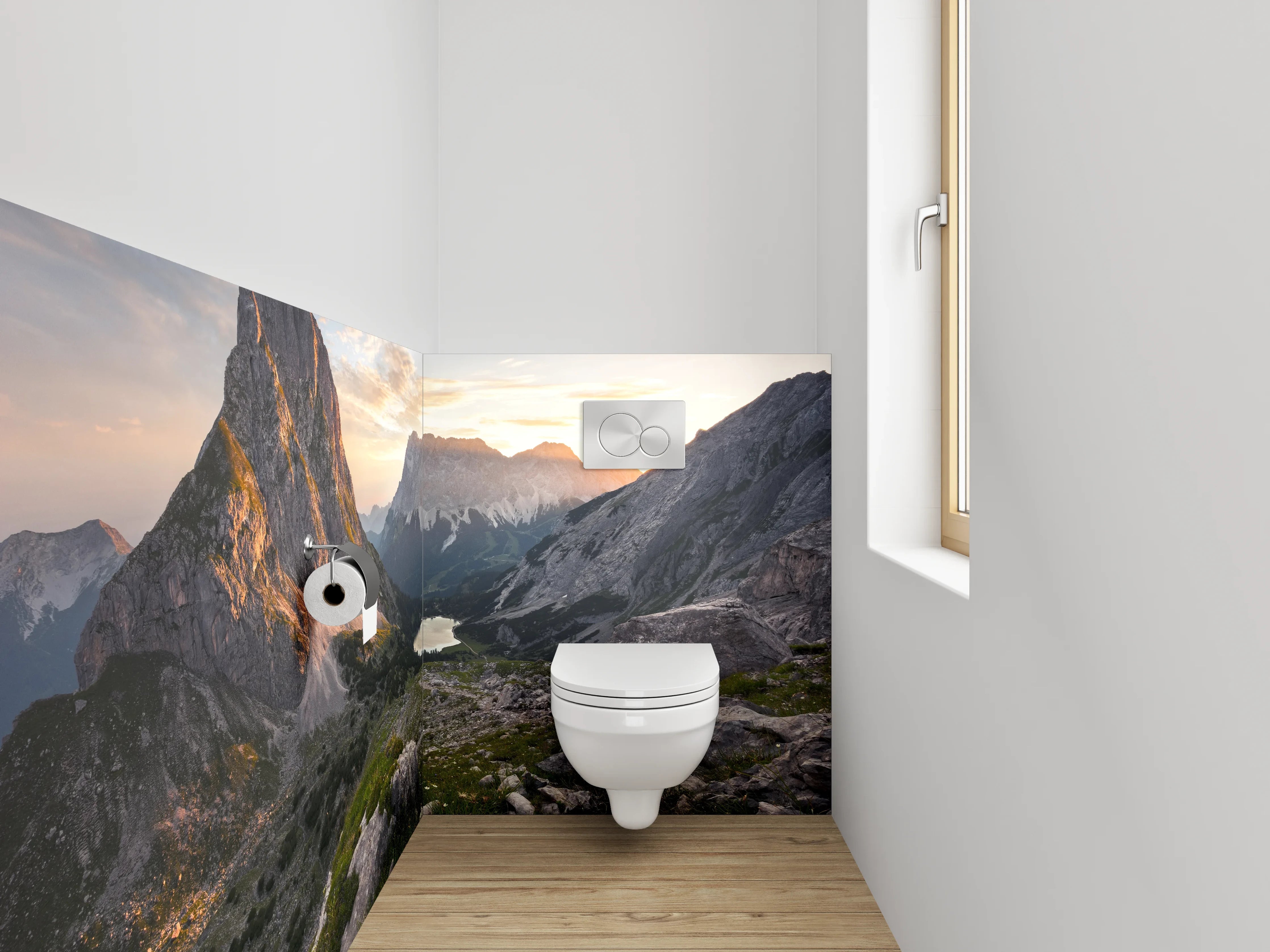 WC-Rückwand - Bergpanorama mit See bei Sonnenuntergang