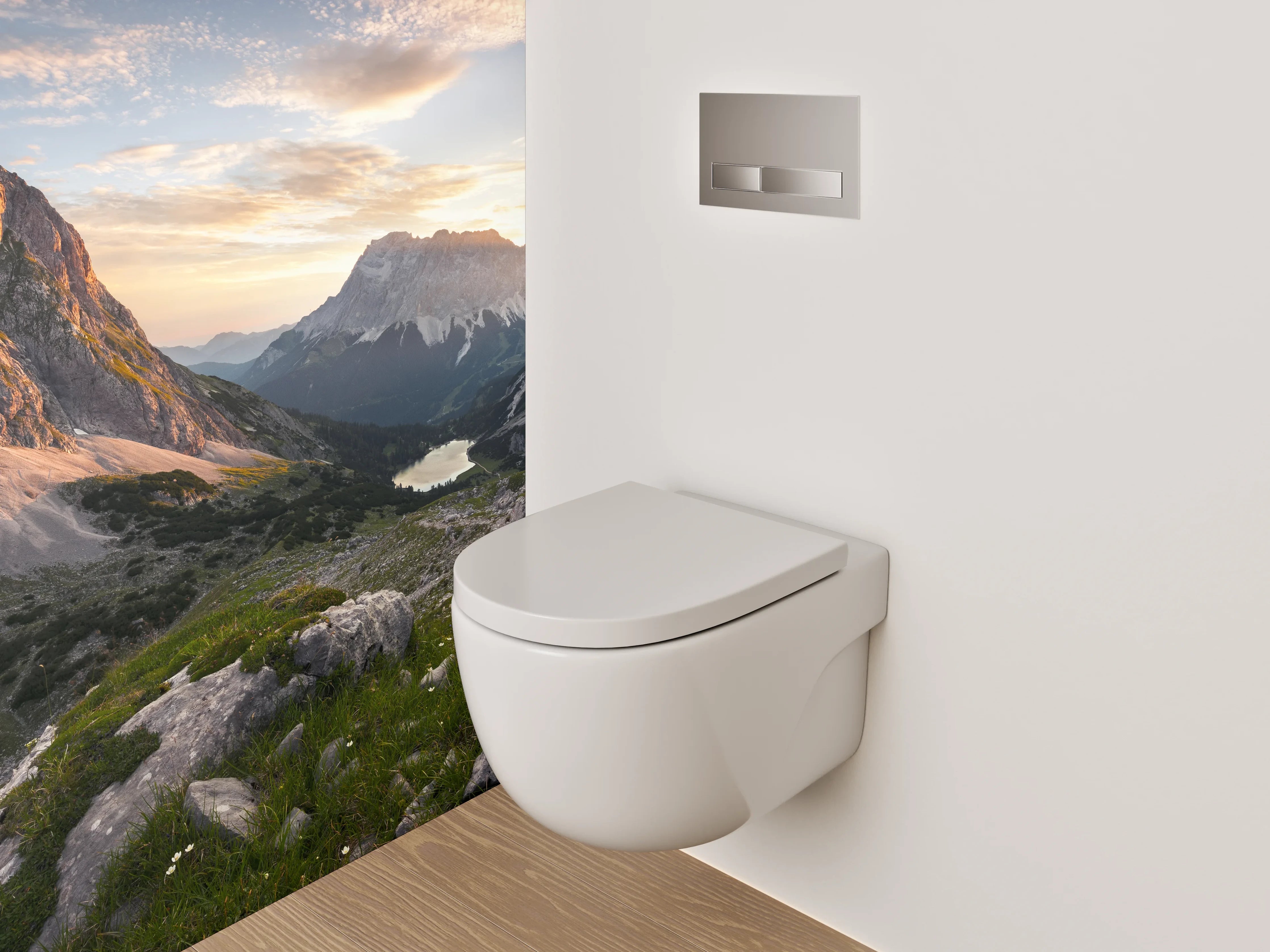 WC-Rückwand - Bergpanorama mit See bei Sonnenuntergang