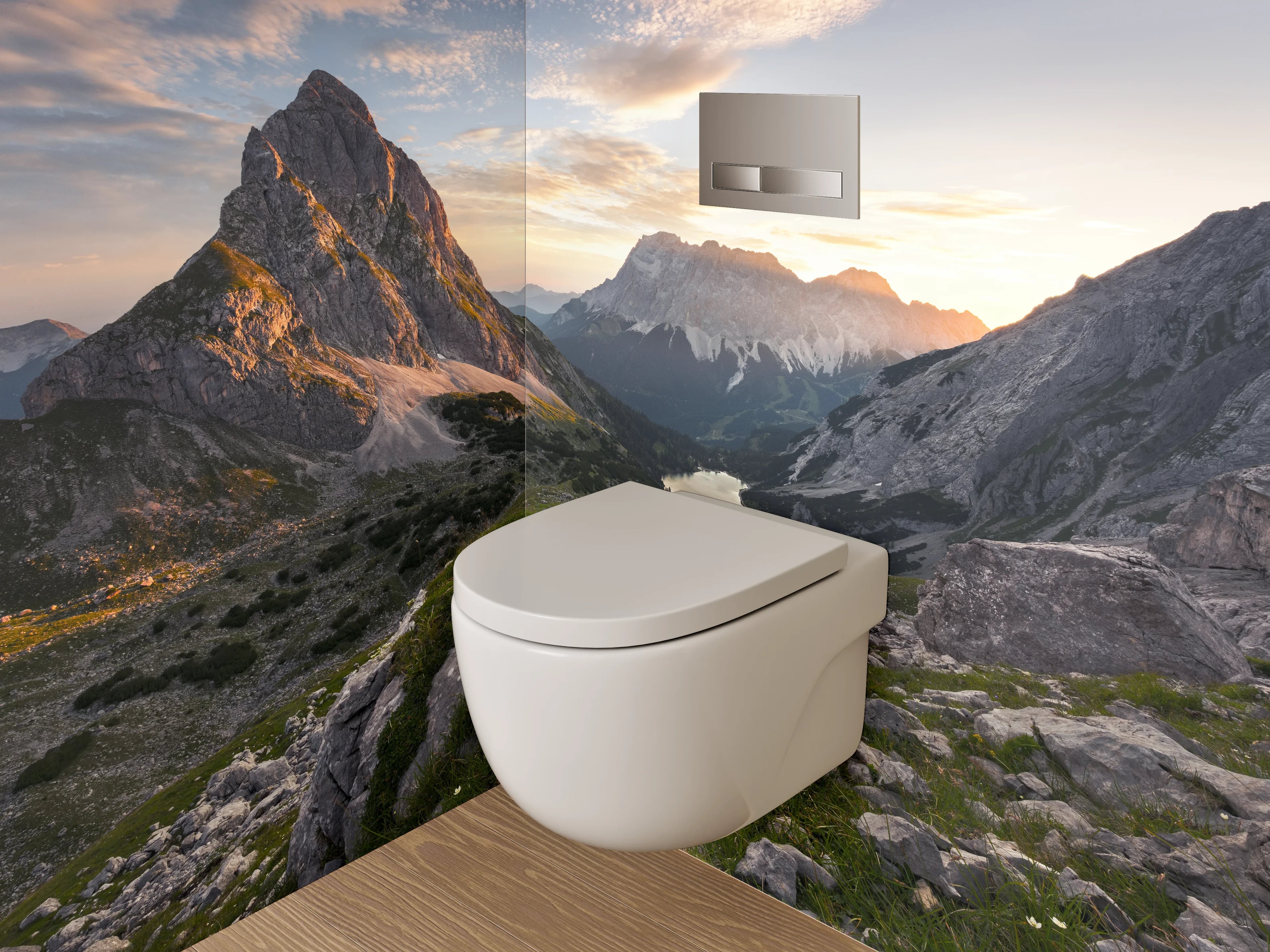 WC-Rückwand - Bergpanorama mit See bei Sonnenuntergang