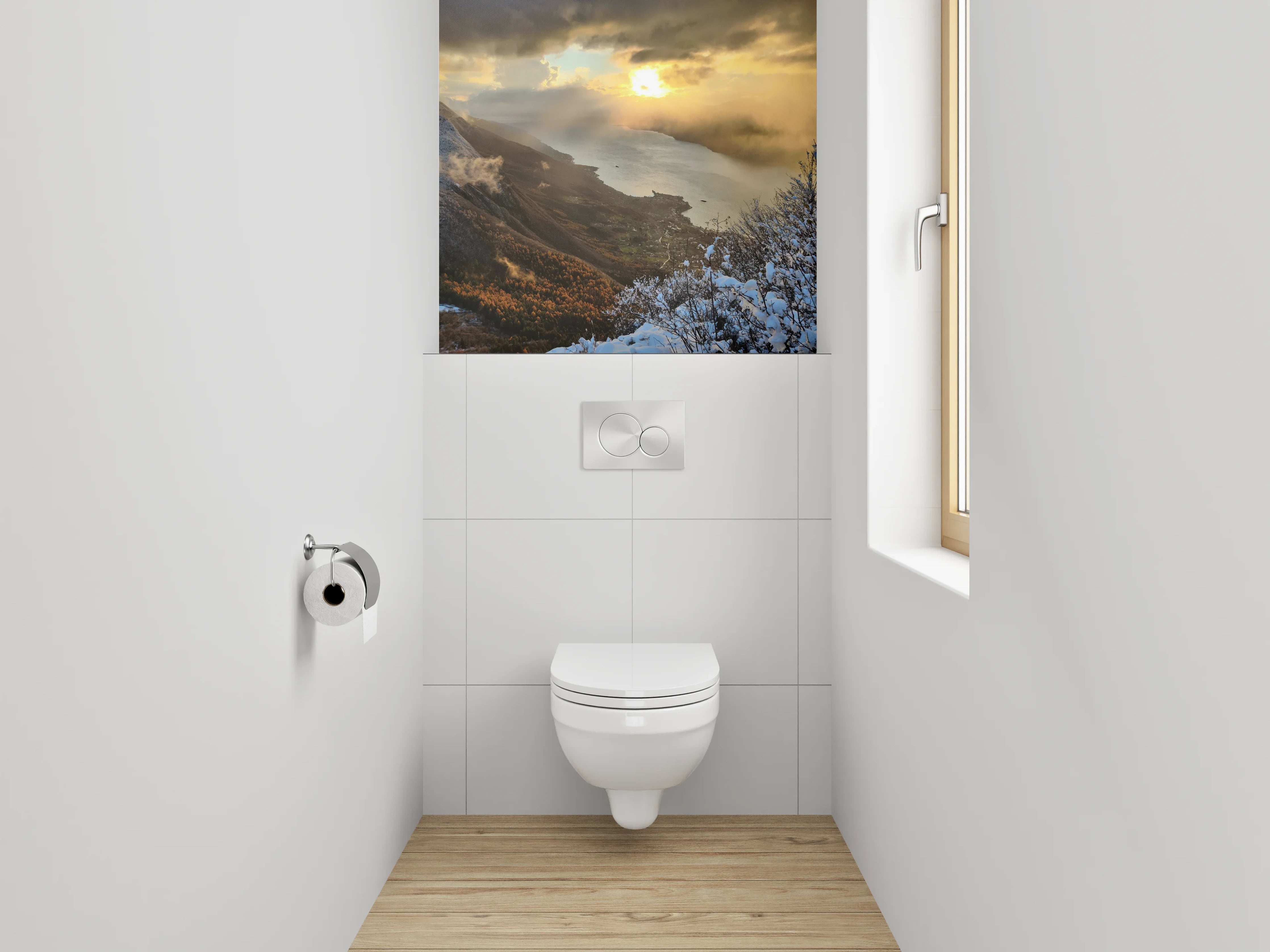 WC-Rückwand - Bergsee-Panorama bei Sonnenuntergang
