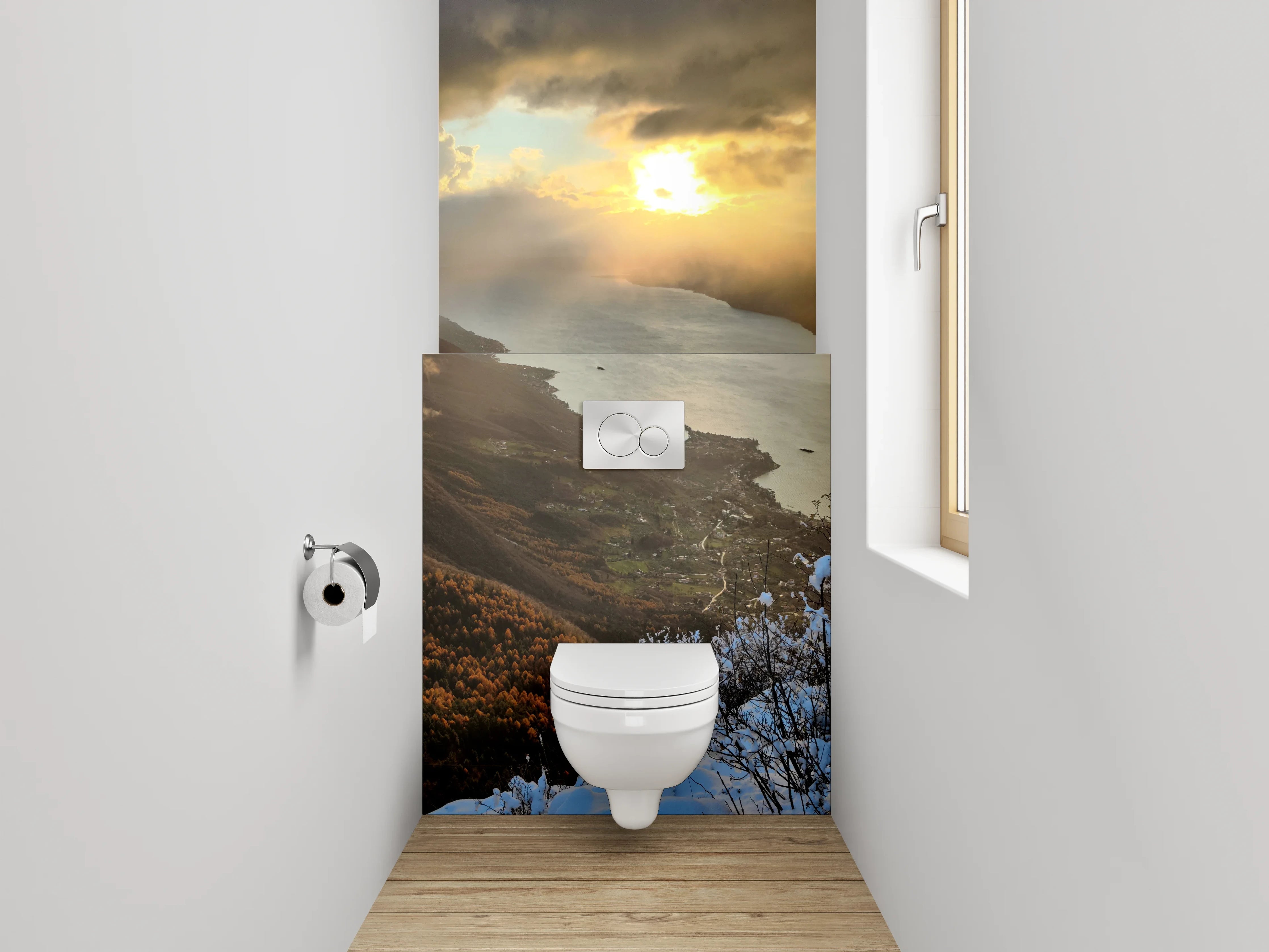 WC-Rückwand - Bergsee-Panorama bei Sonnenuntergang