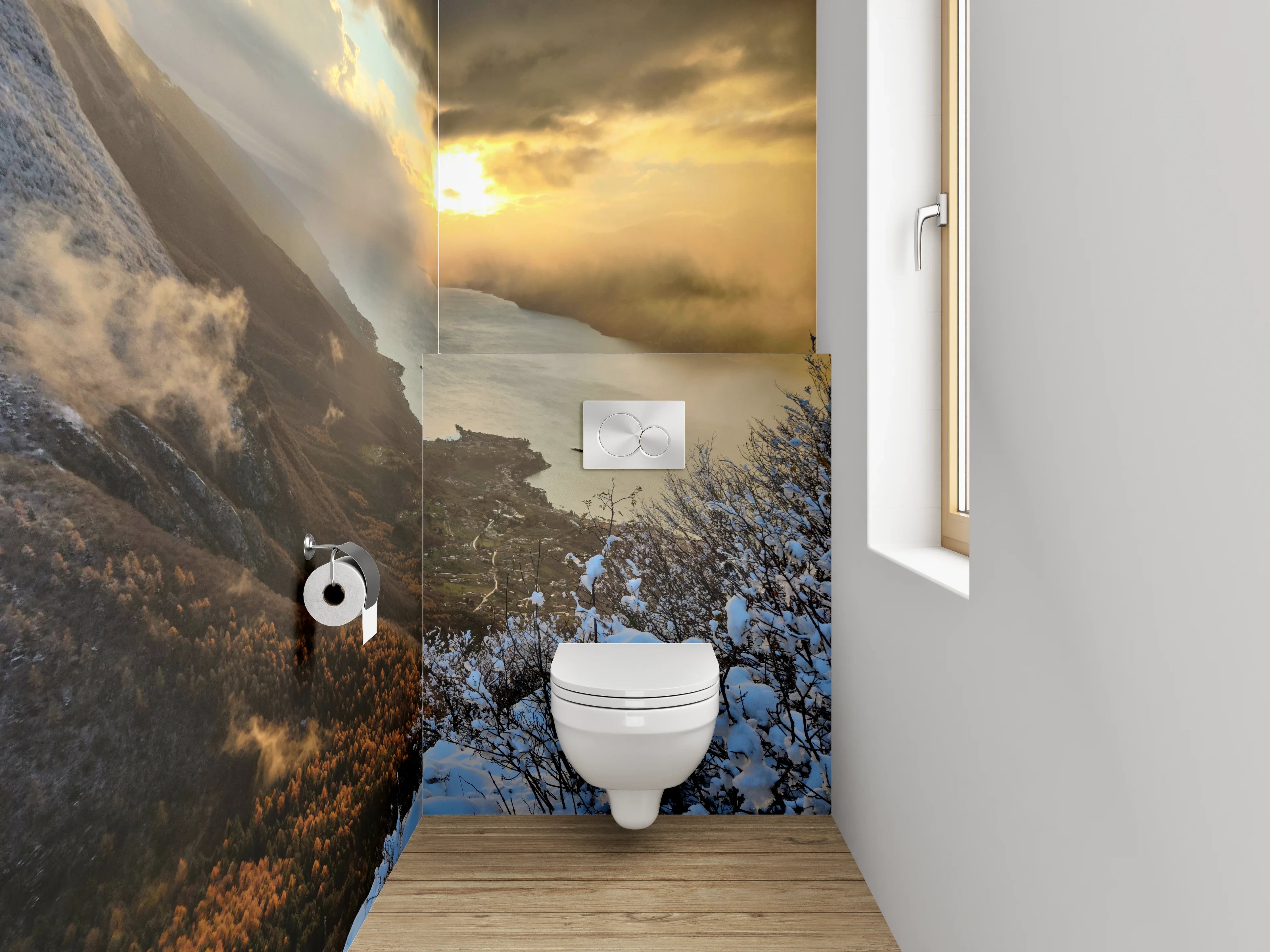 WC-Rückwand - Bergsee-Panorama bei Sonnenuntergang