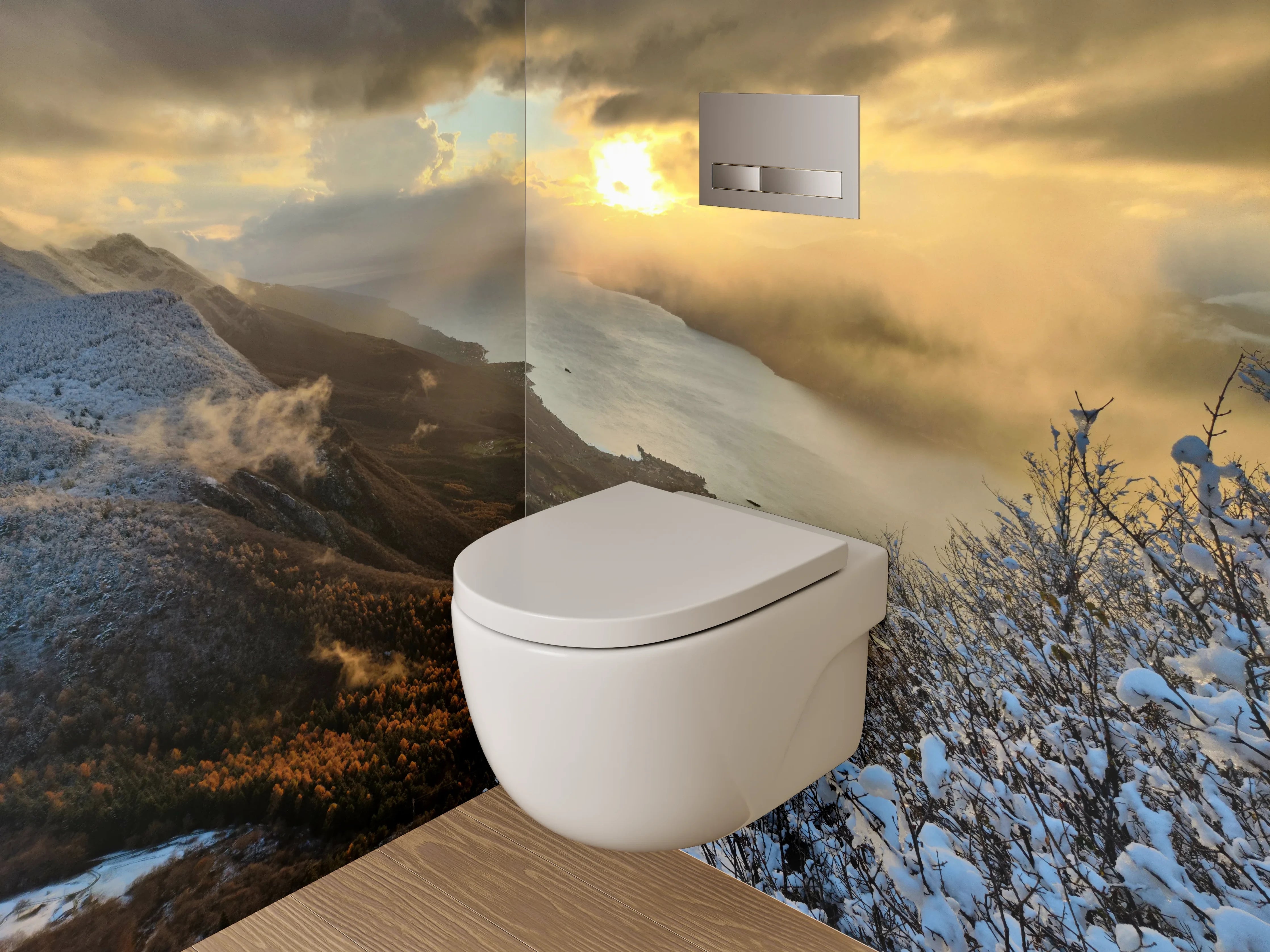 WC-Rückwand - Bergsee-Panorama bei Sonnenuntergang
