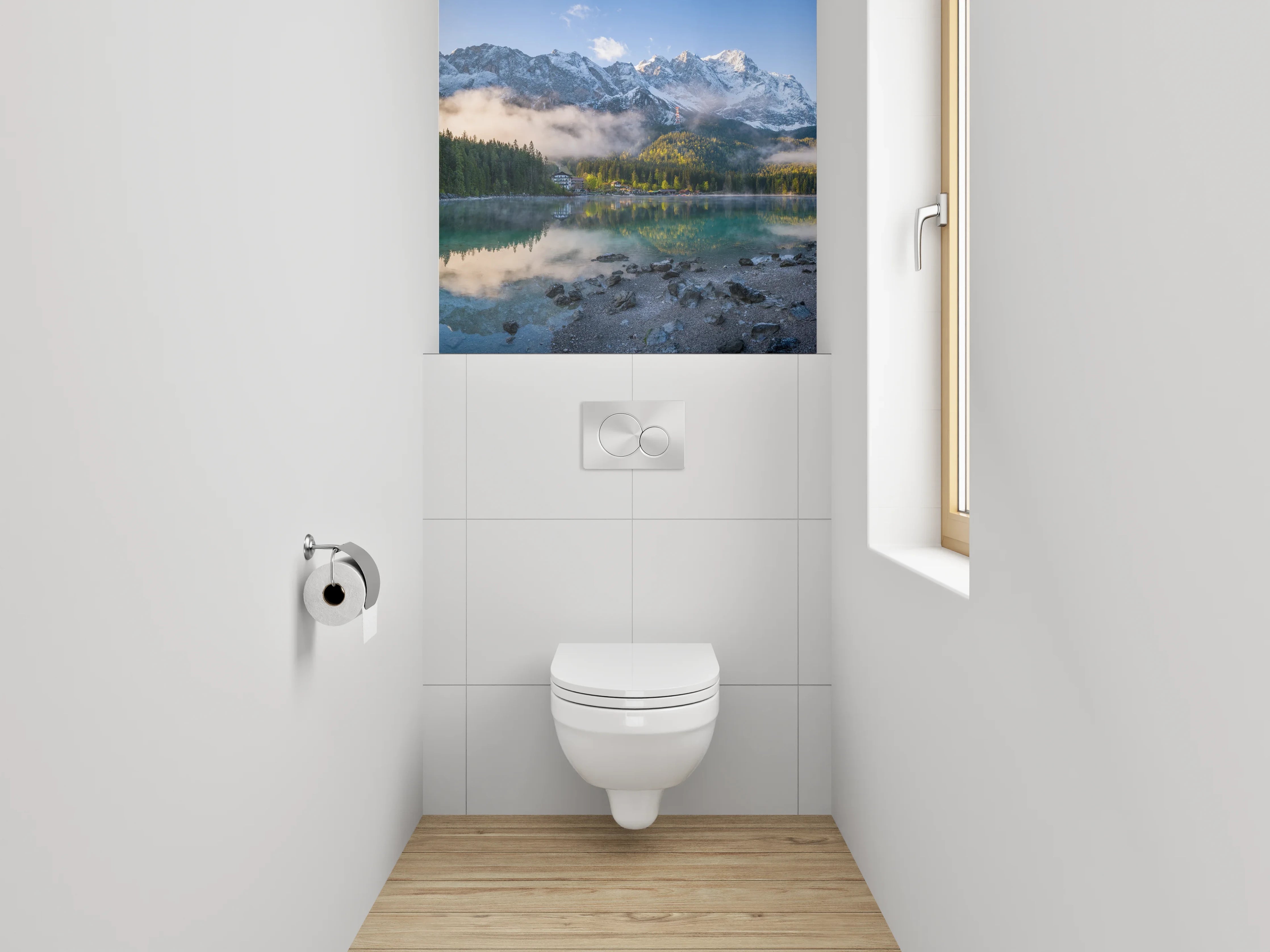 WC-Rückwand - Bergsee Panorama mit Alpenreflexion