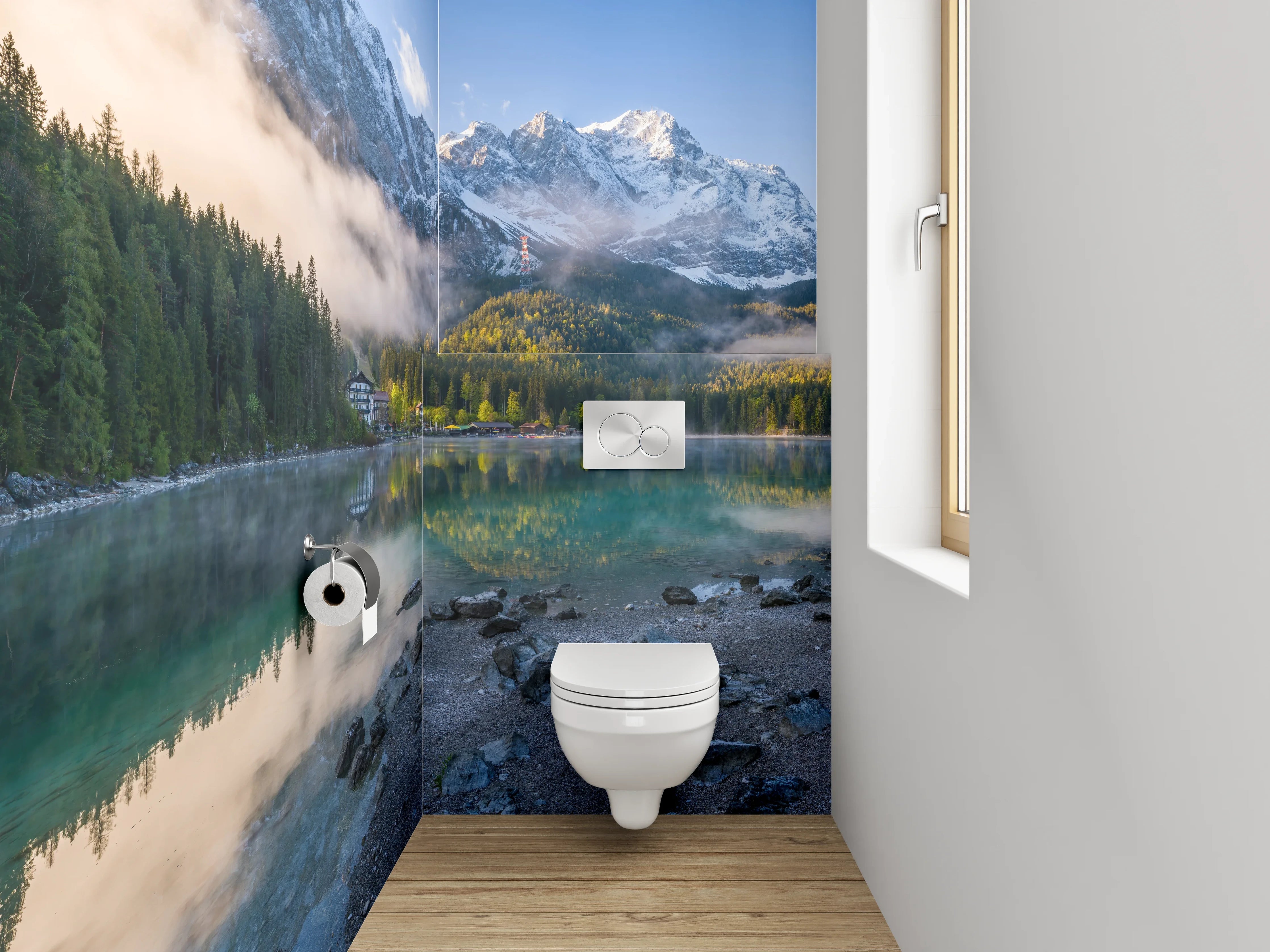 WC-Rückwand - Bergsee Panorama mit Alpenreflexion