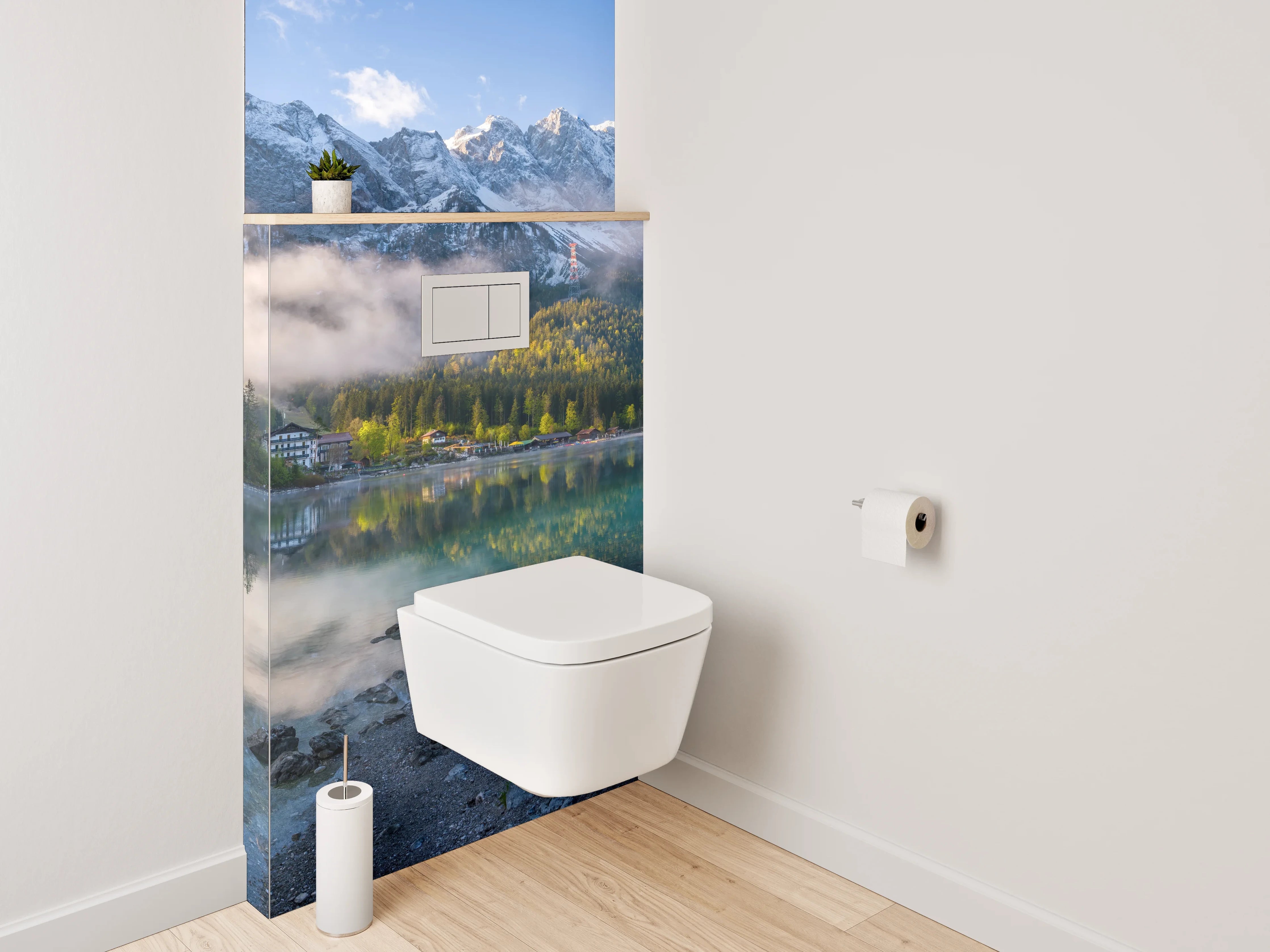 WC-Rückwand - Bergsee Panorama mit Alpenreflexion
