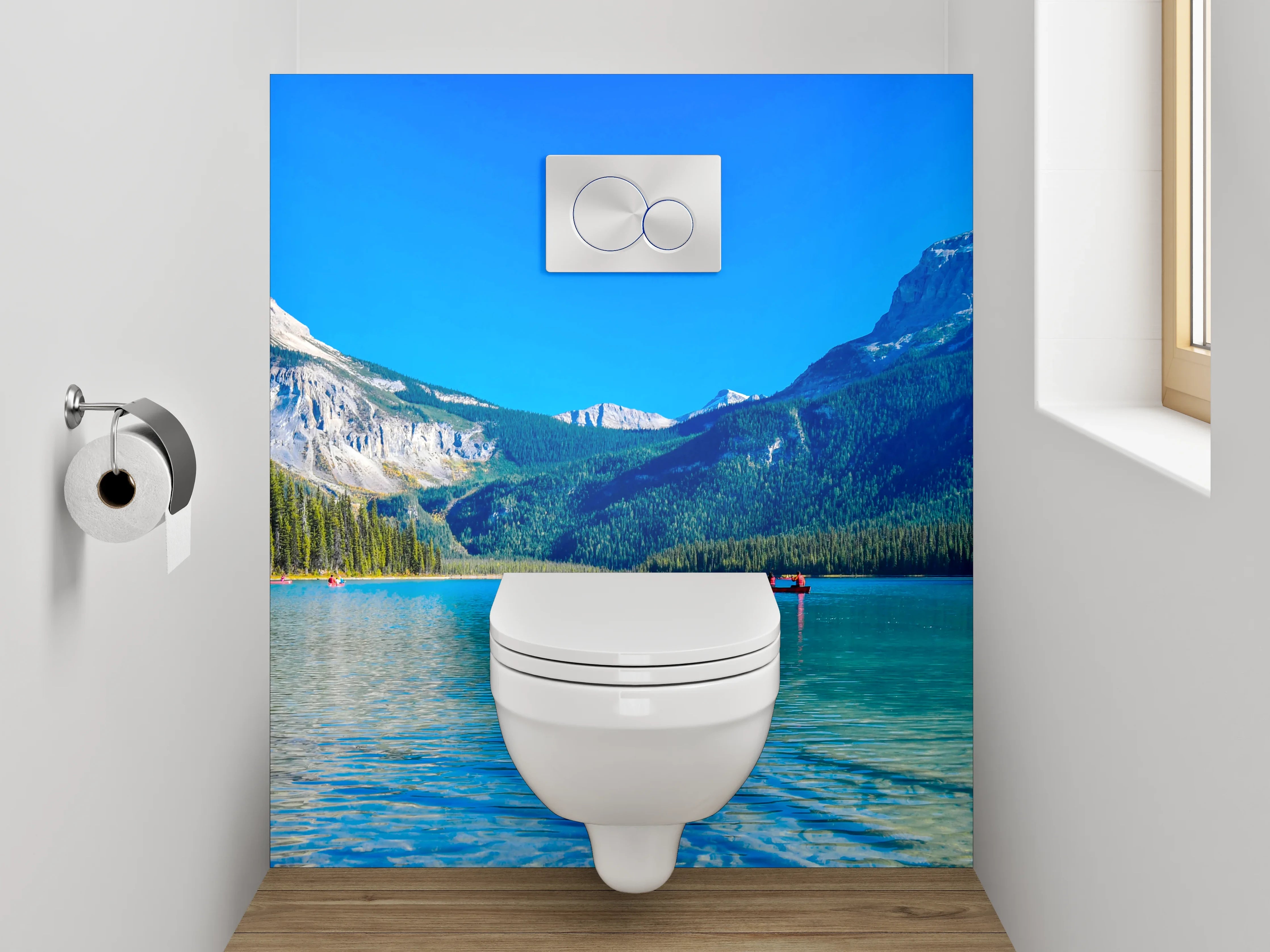 WC-Rückwand - Bergsee-Panorama mit Booten und Wald