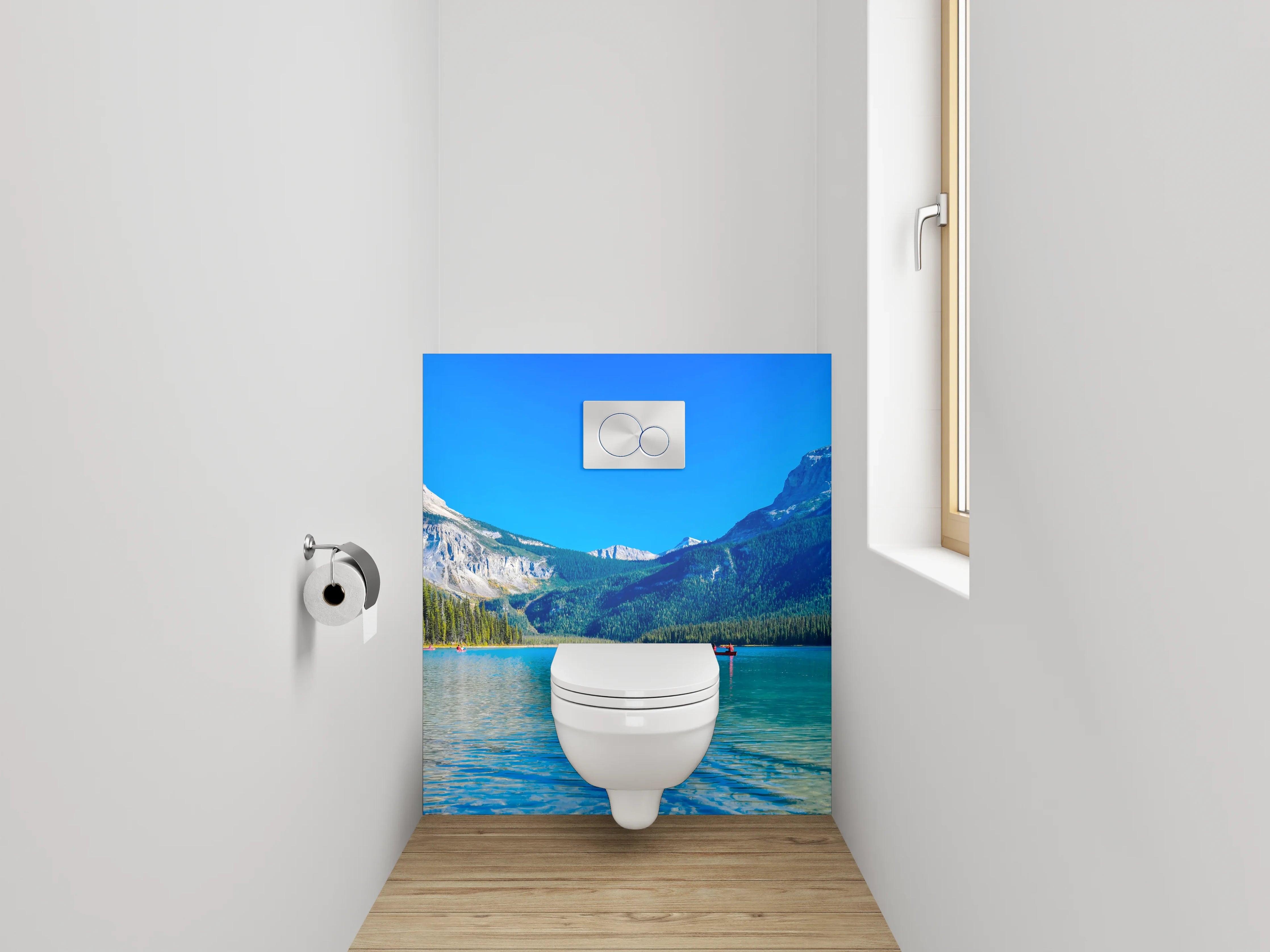 WC-Rückwand - Bergsee-Panorama mit Booten und Wald