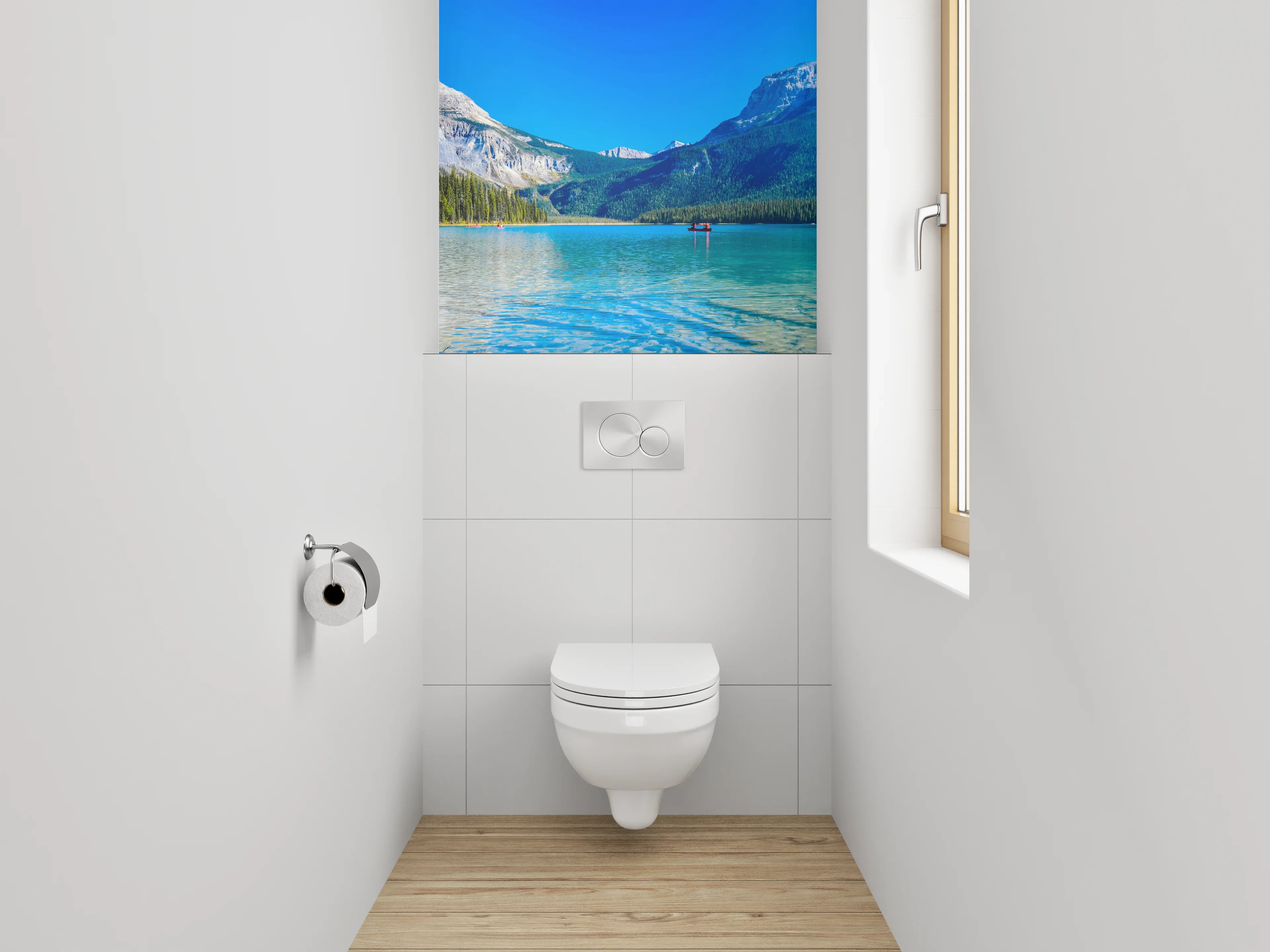 WC-Rückwand - Bergsee-Panorama mit Booten und Wald