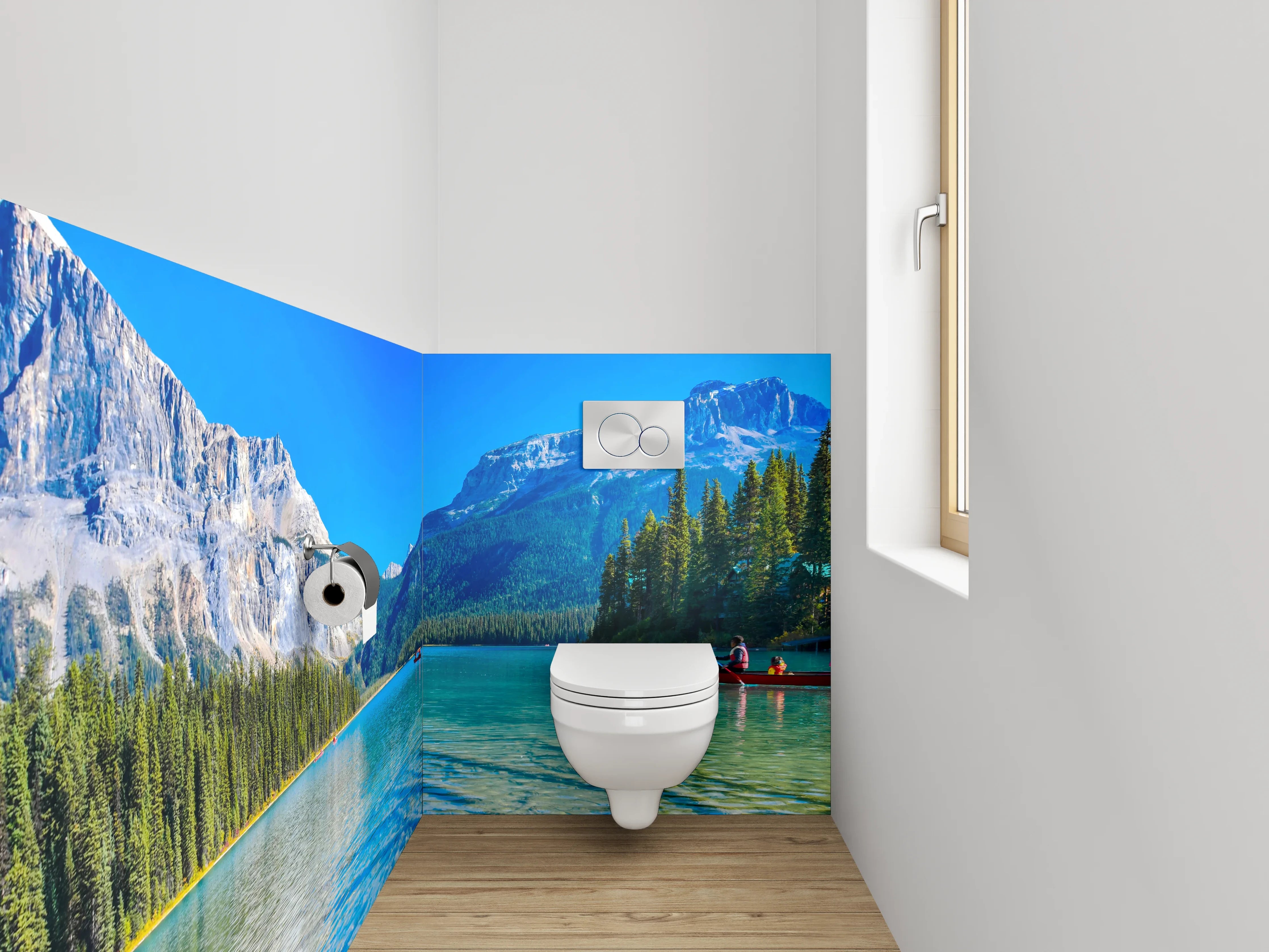 WC-Rückwand - Bergsee-Panorama mit Booten und Wald