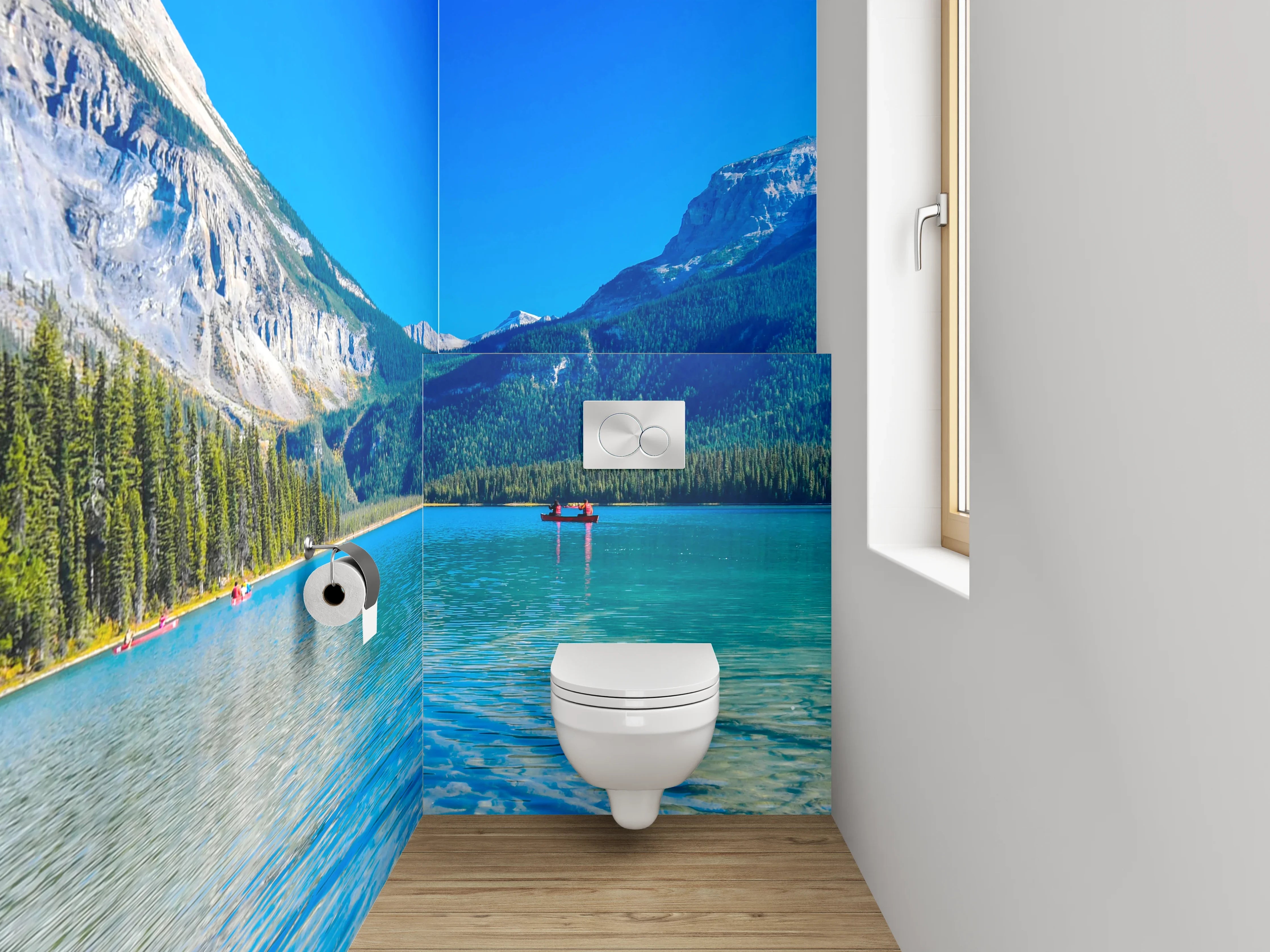 WC-Rückwand - Bergsee-Panorama mit Booten und Wald
