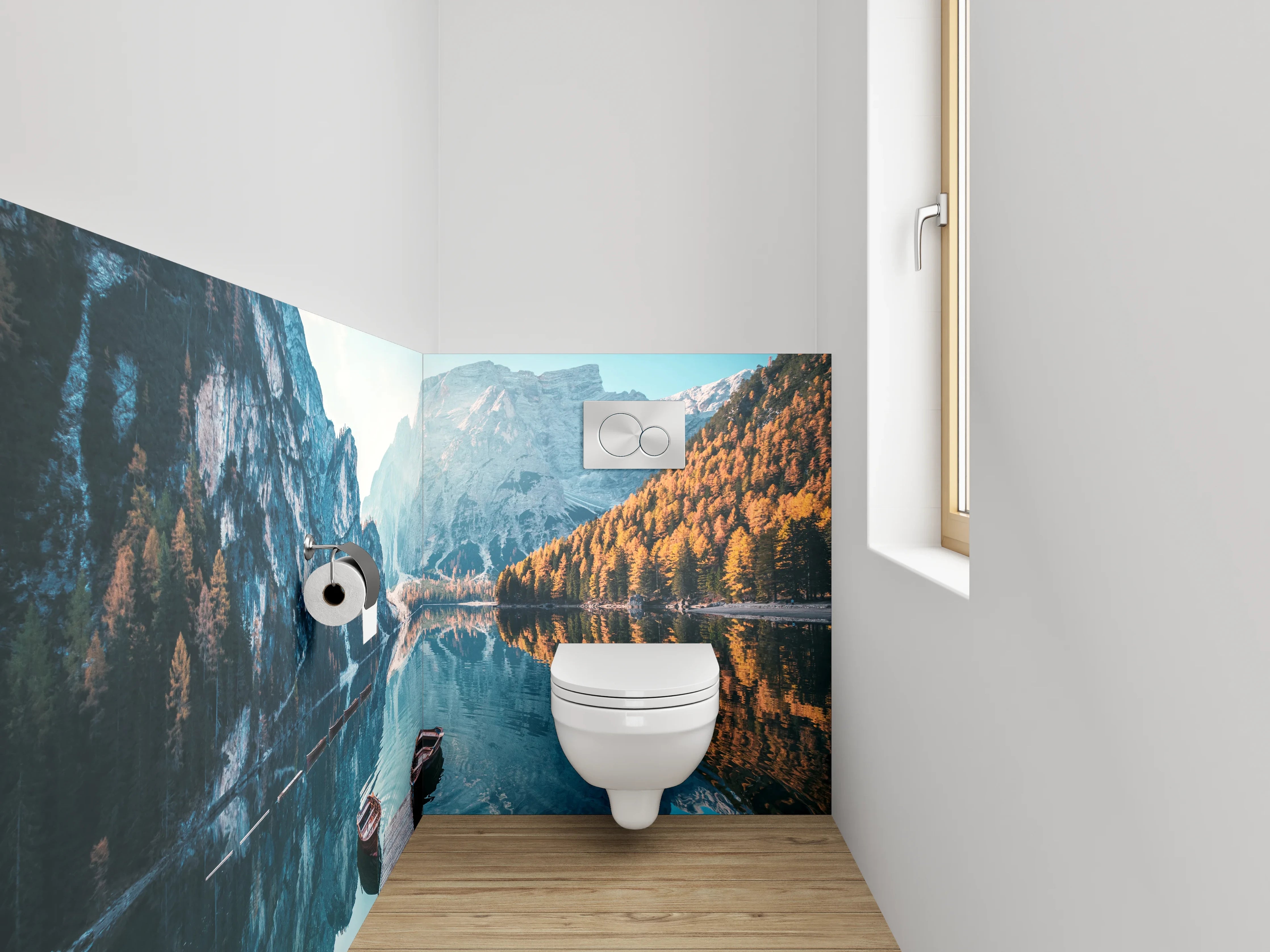 WC-Rückwand - Bergsee Panorama mit Holzsteg