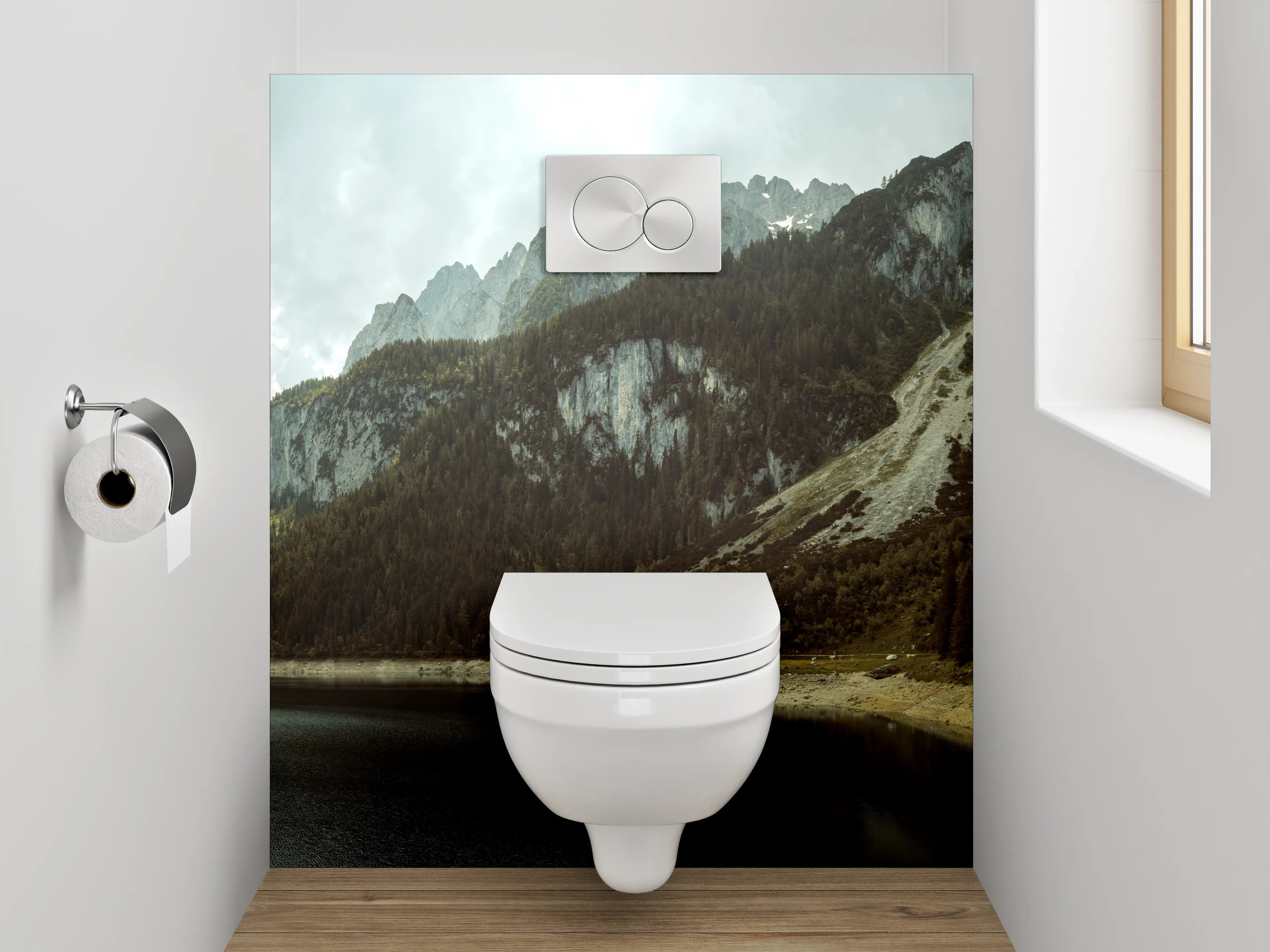 WC-Rückwand - Bergsee-Panorama mit Wäldern und Gipfeln