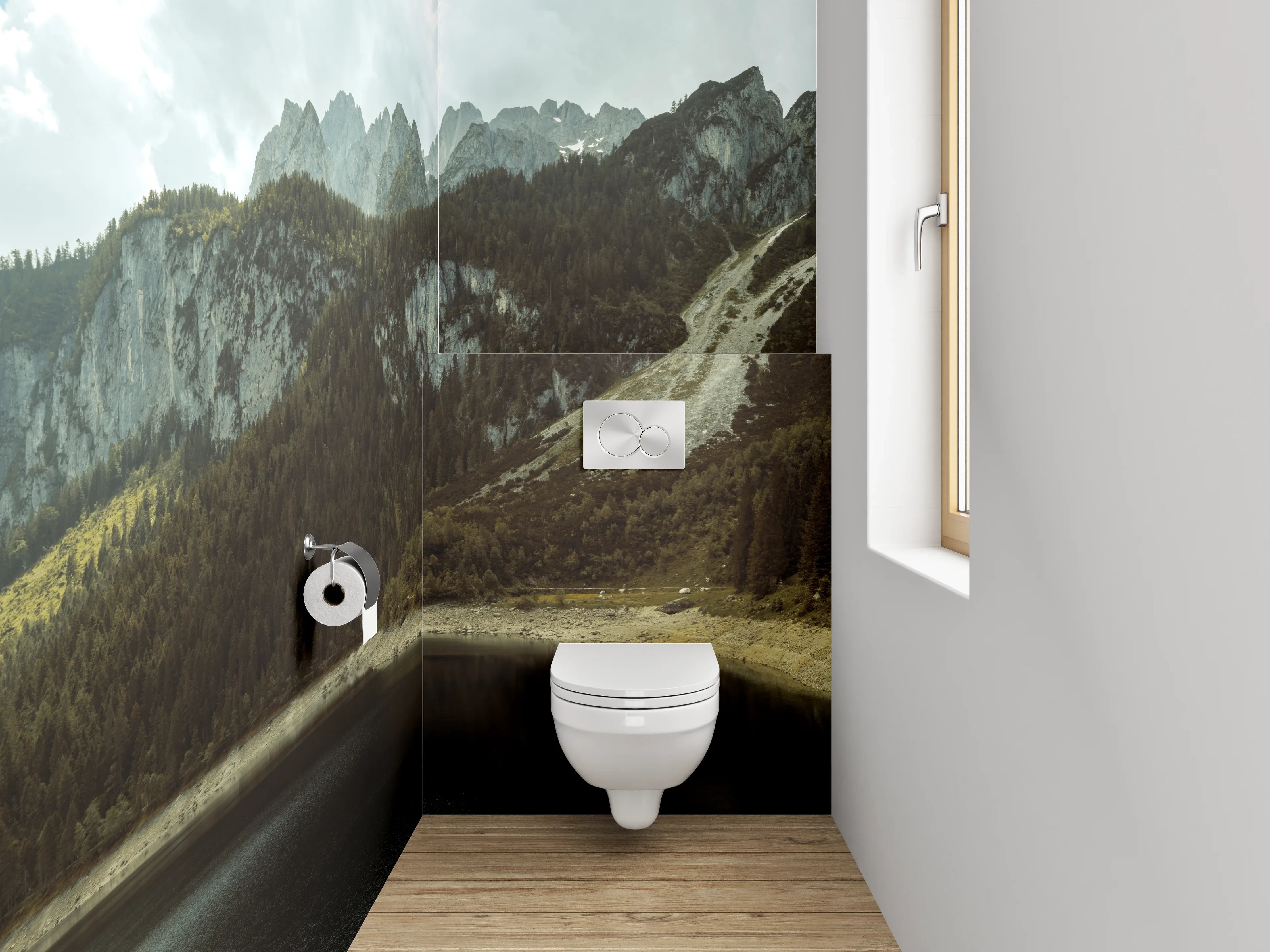 WC-Rückwand - Bergsee-Panorama mit Wäldern und Gipfeln