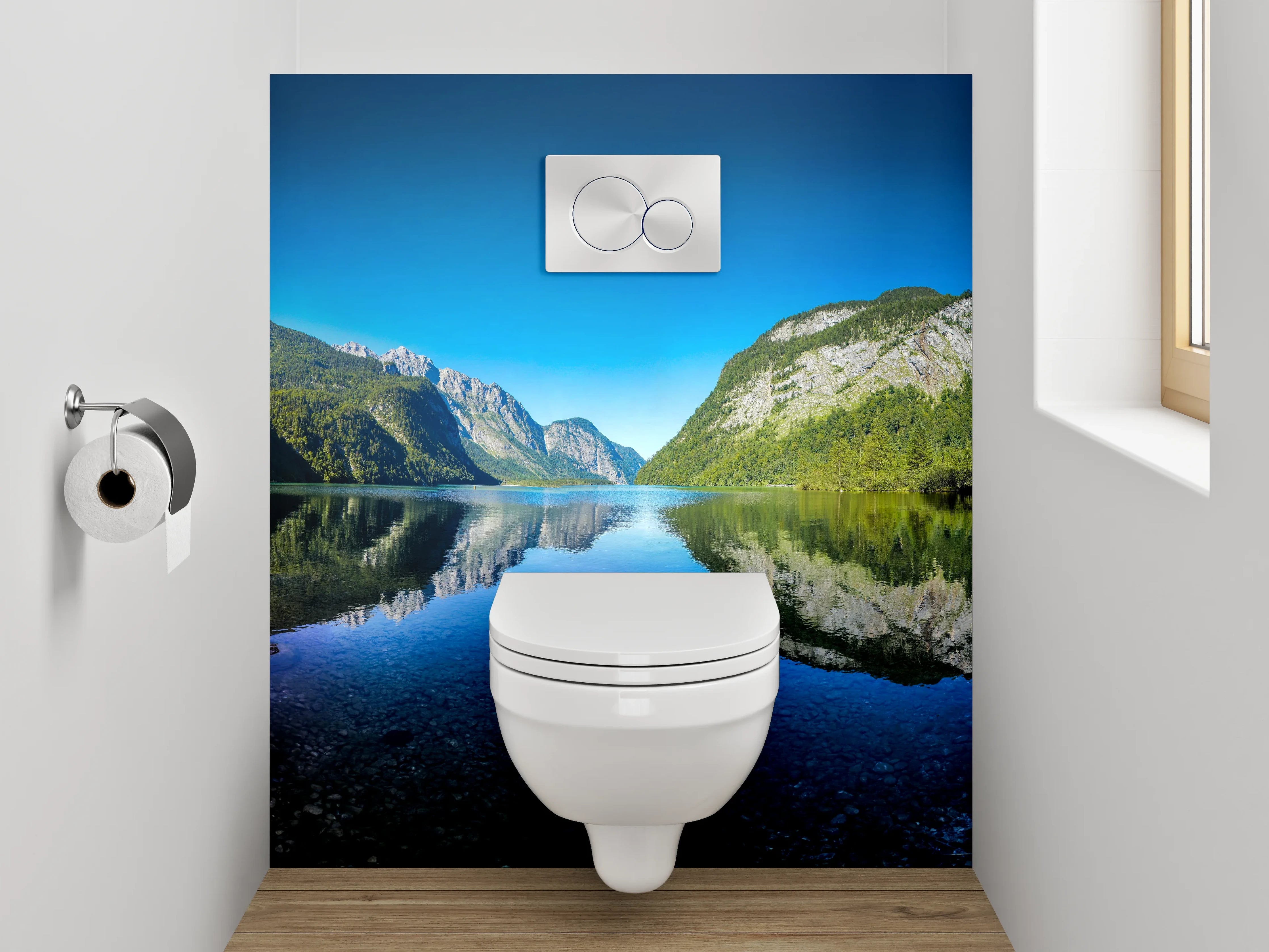 WC-Rückwand - Bergsee-Panorama mit klarer Spiegelung