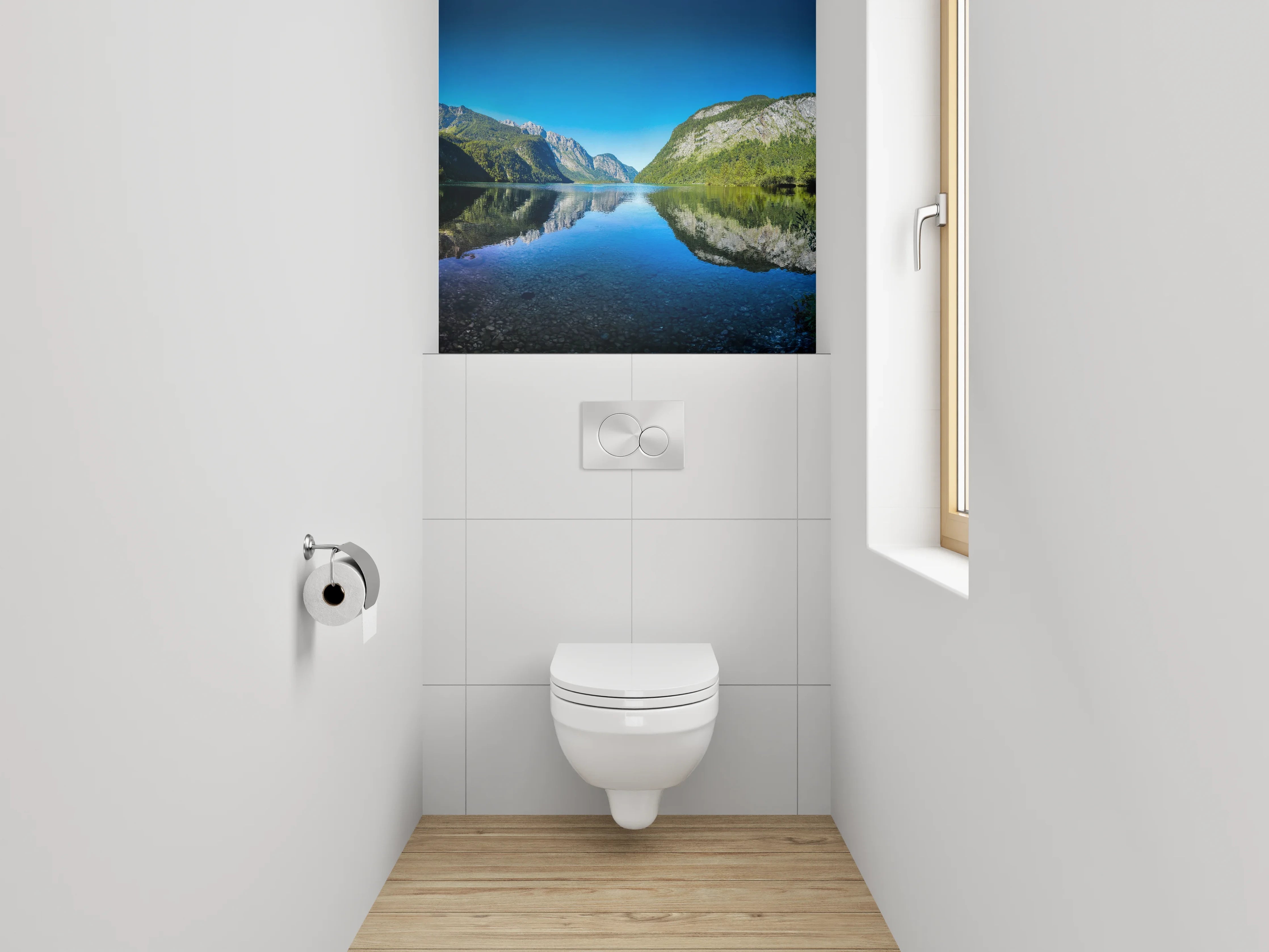 WC-Rückwand - Bergsee-Panorama mit klarer Spiegelung